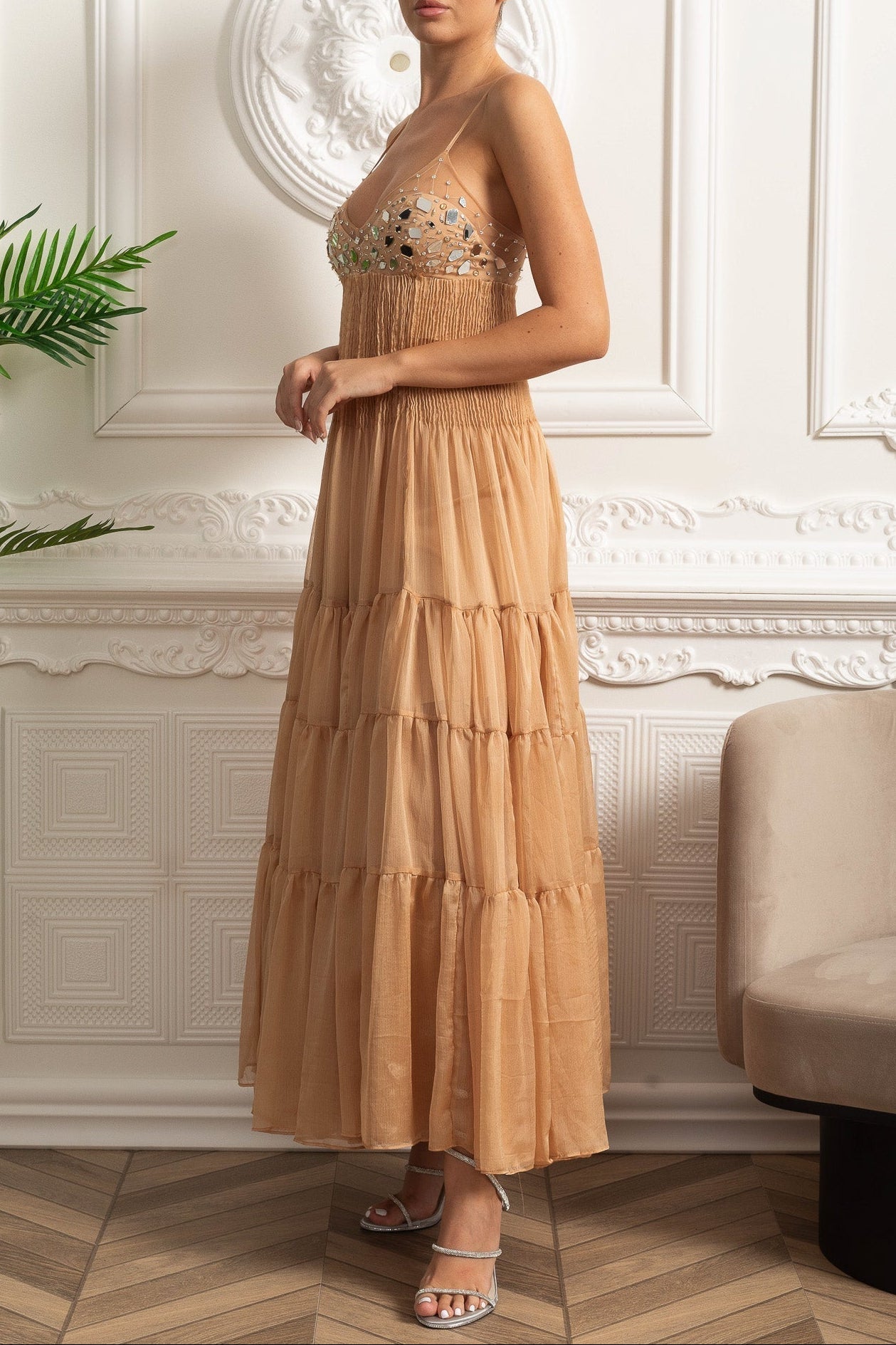 HELEN RHINESTONE BEADED PLEATED MAXI DRESS BEIGE