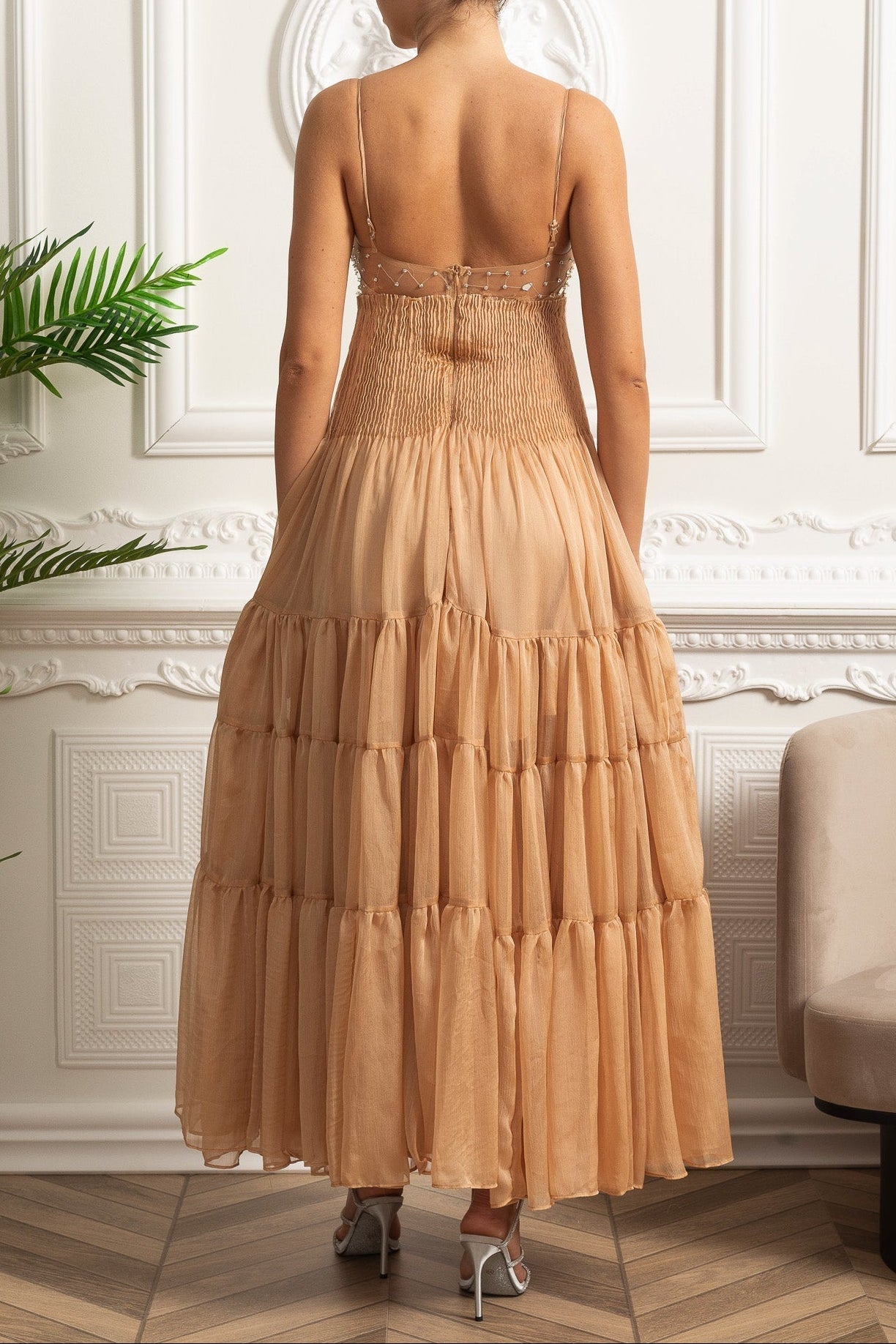 HELEN RHINESTONE BEADED PLEATED MAXI DRESS BEIGE