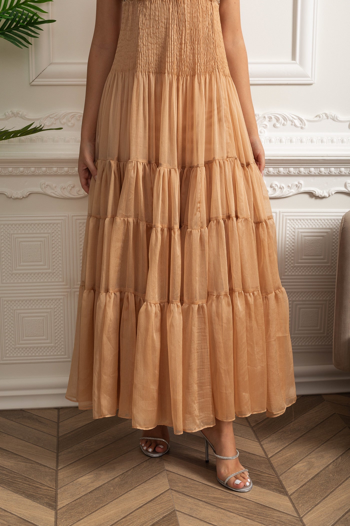 HELEN RHINESTONE BEADED PLEATED MAXI DRESS BEIGE