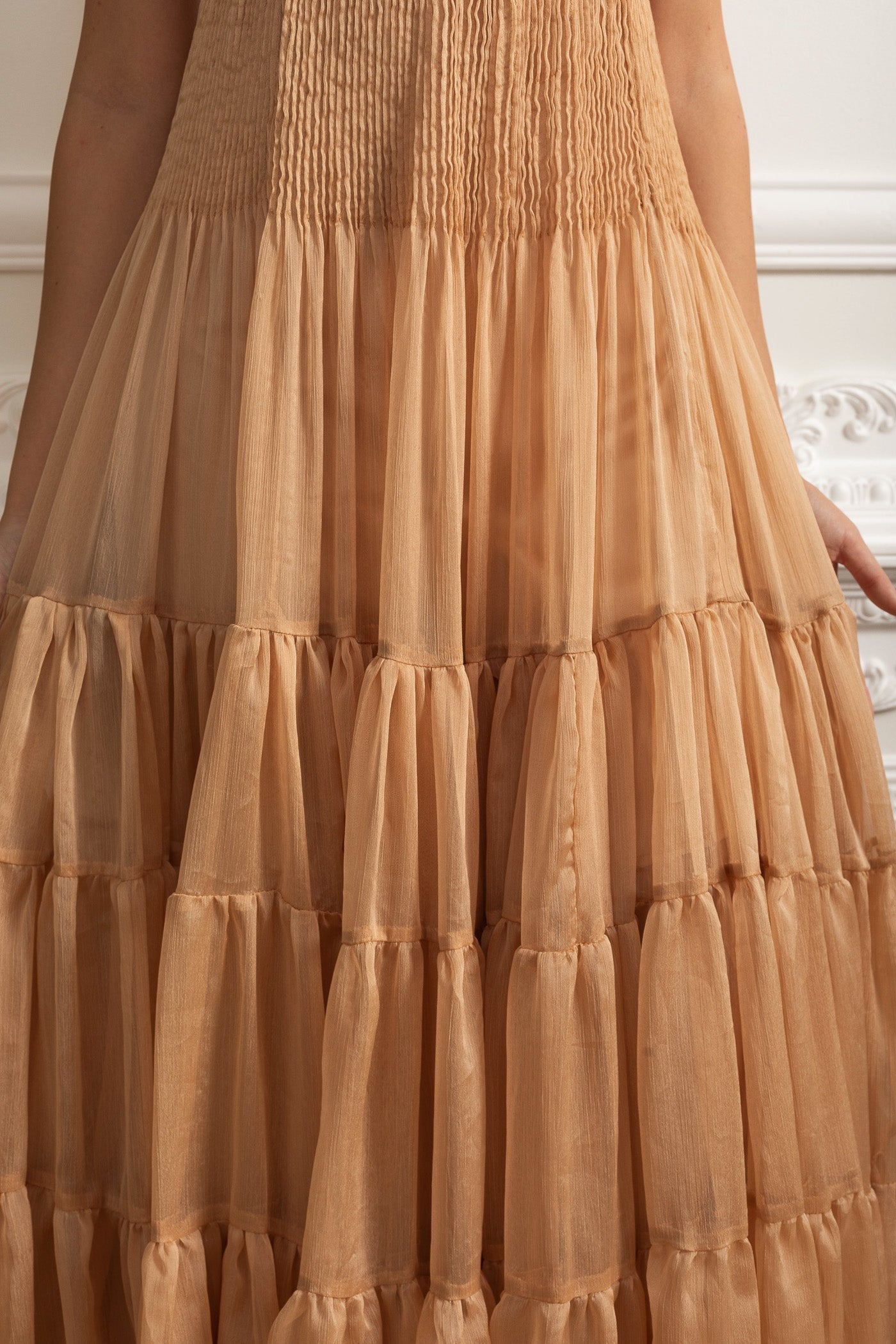 HELEN RHINESTONE BEADED PLEATED MAXI DRESS BEIGE
