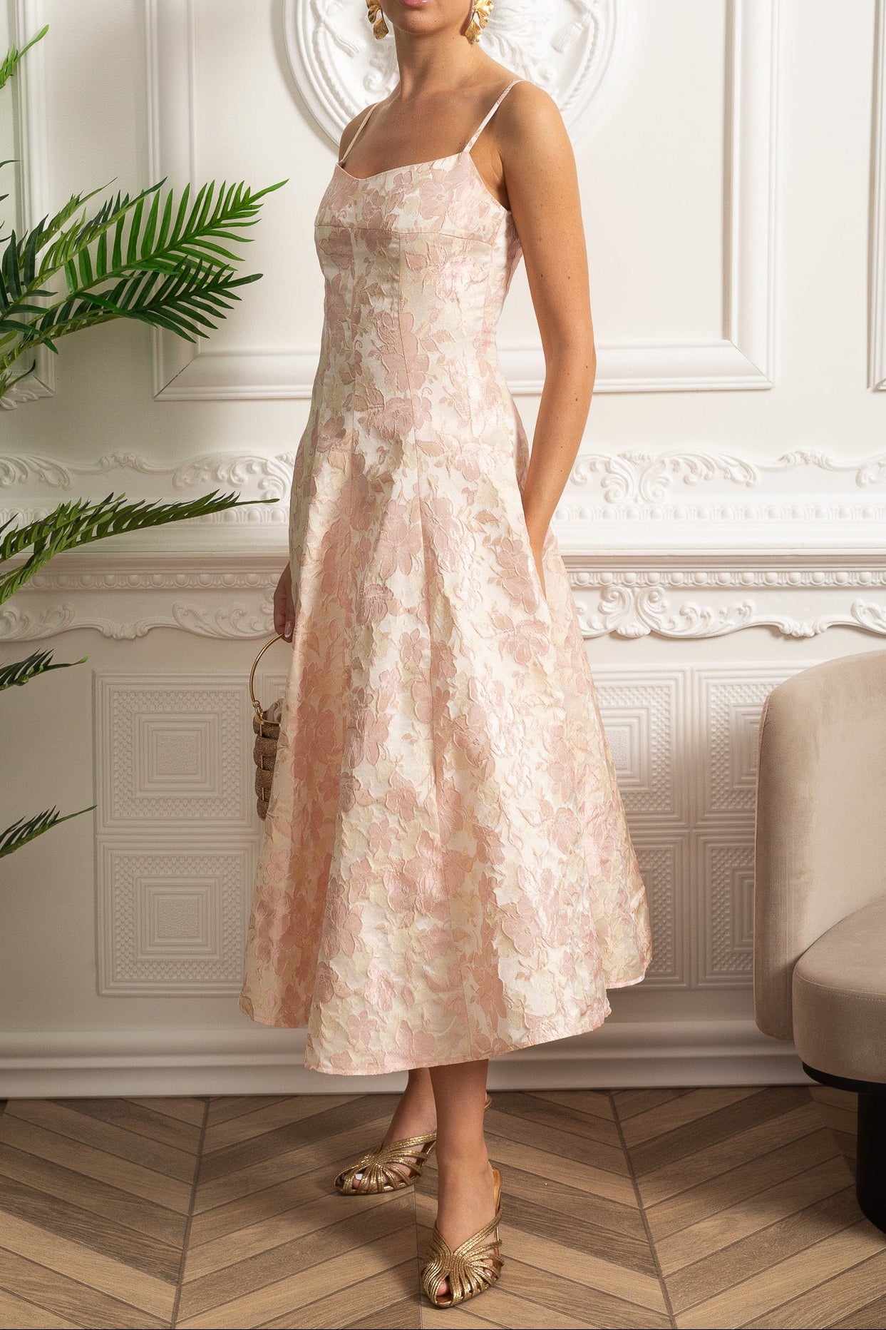 ALYSSA PINK JACQUARD FLORAL MIDI DRESS FOR WEDDING