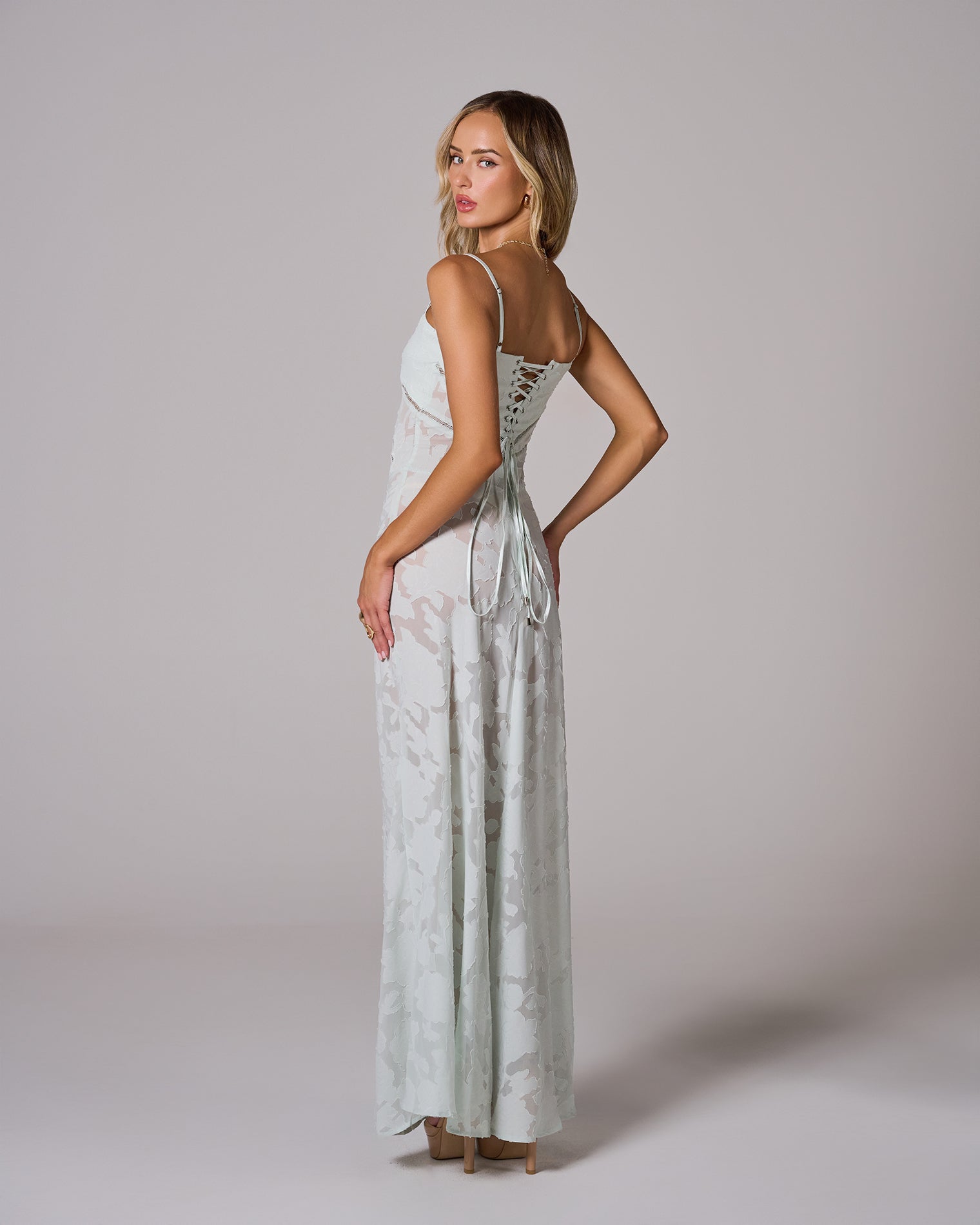 FLORAL LACE BACK MAXI DRESS FOR WEDDING