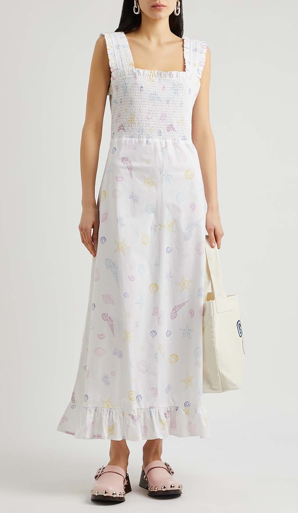 SHELL-PRINT-STRAP-MIDI-DRESS-IN-WHITE-2 SHELL PRINT STRAP MIDI DRESS, WHITE, BEACH VACATION