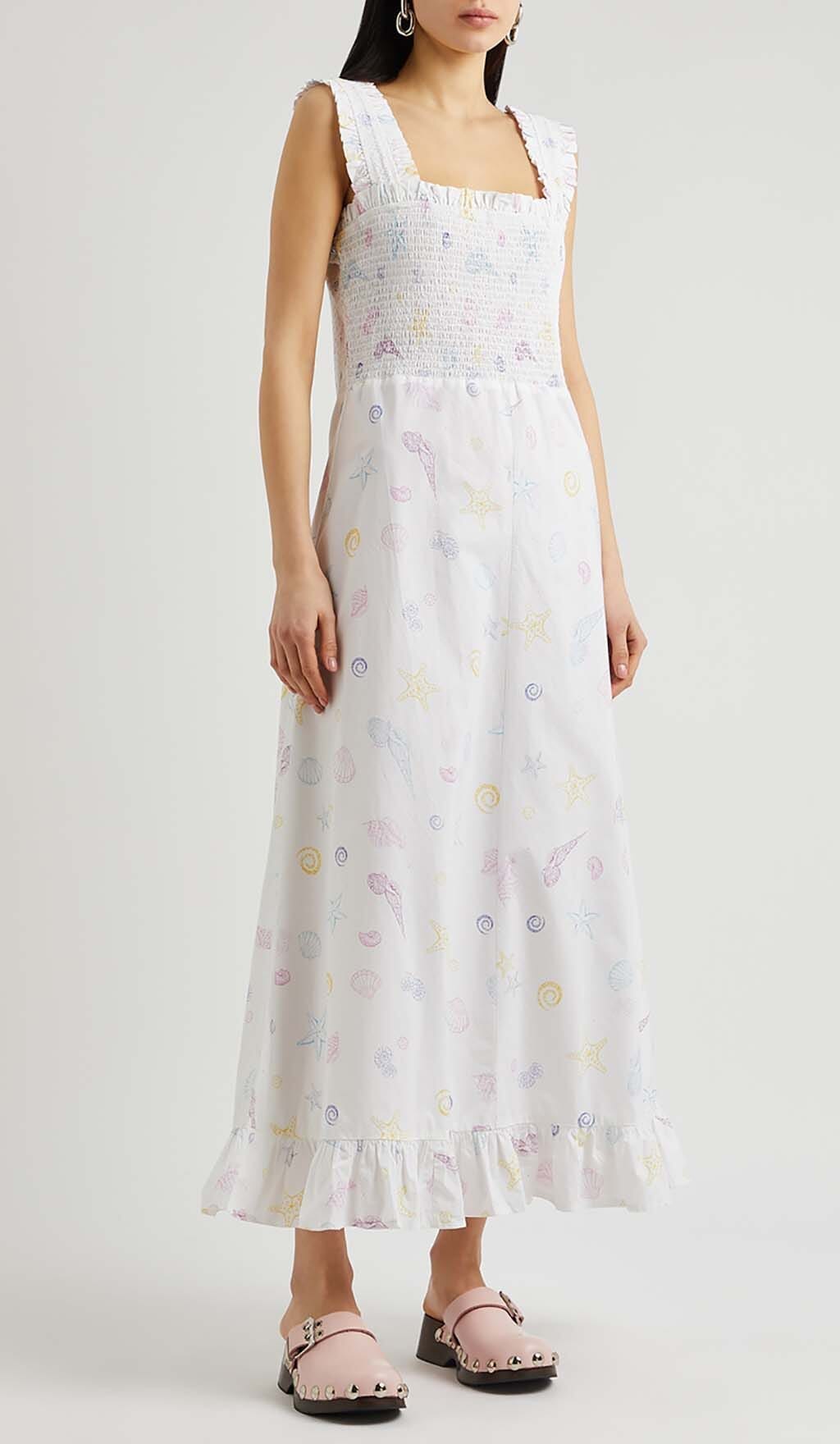 SHELL PRINT STRAP MIDI DRESS, WHITE, BEACH VACATION