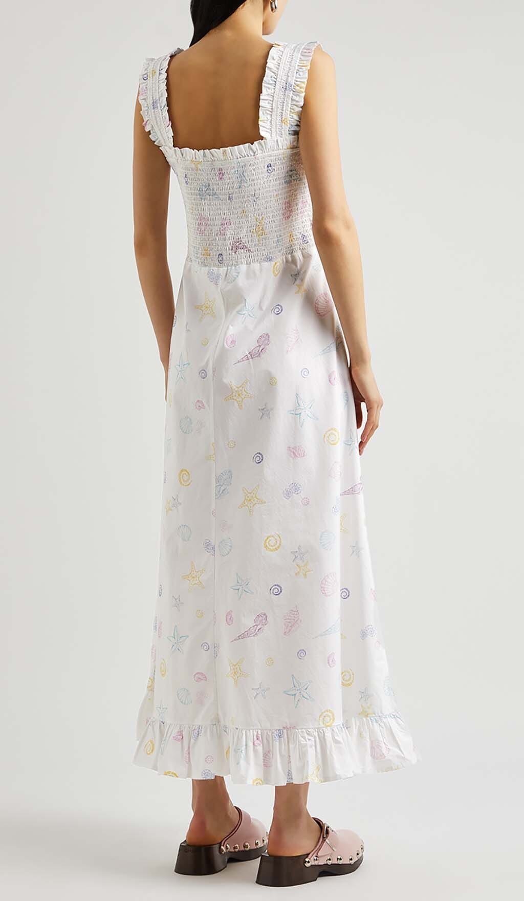 SHELL PRINT STRAP MIDI DRESS, WHITE, BEACH VACATION