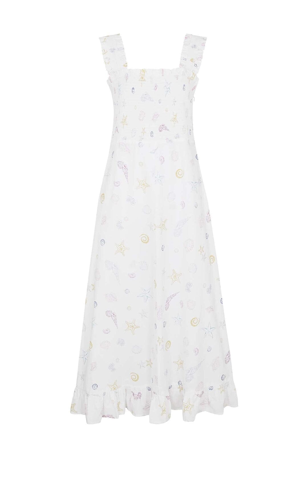 SHELL PRINT STRAP MIDI DRESS, WHITE, BEACH VACATION