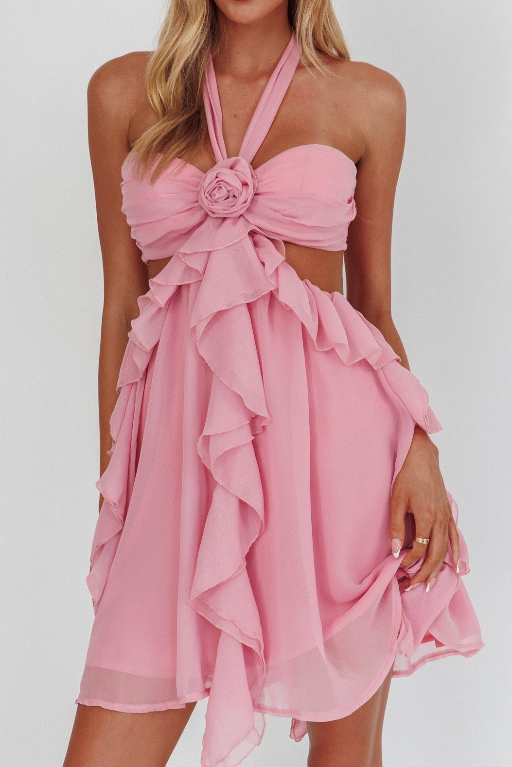 PINK HALTER RUFFLE MINI PARTY DRESS