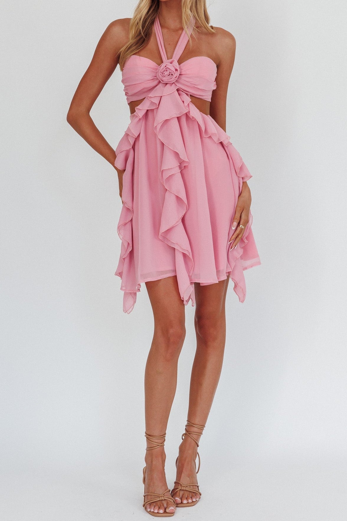 PINK HALTER RUFFLE MINI PARTY DRESS