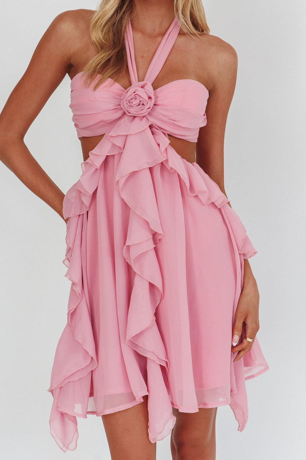 PINK HALTER RUFFLE MINI PARTY DRESS