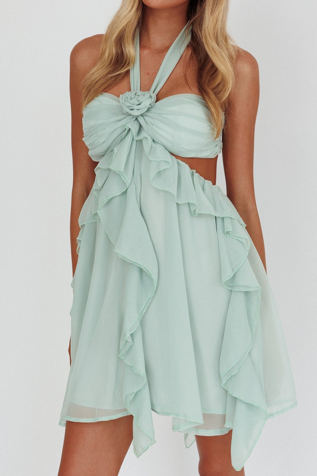 MINT GREEN HALTER RUFFLED COCKTAIL MINI DRESS