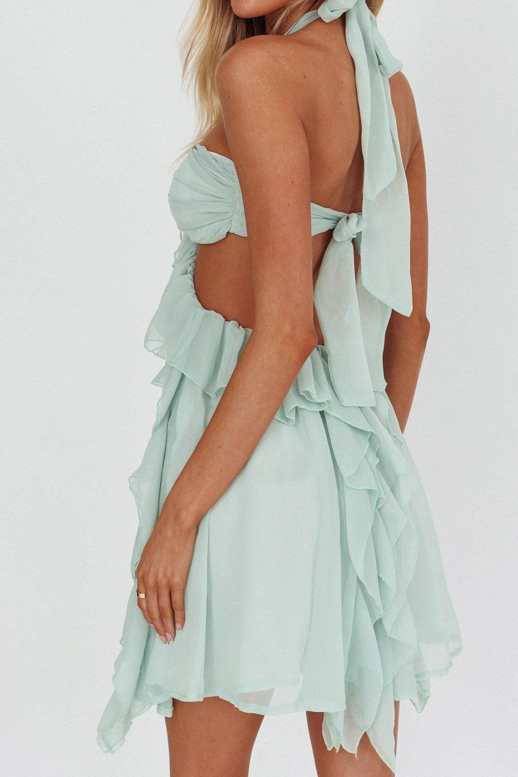 MINT GREEN HALTER RUFFLED COCKTAIL MINI DRESS