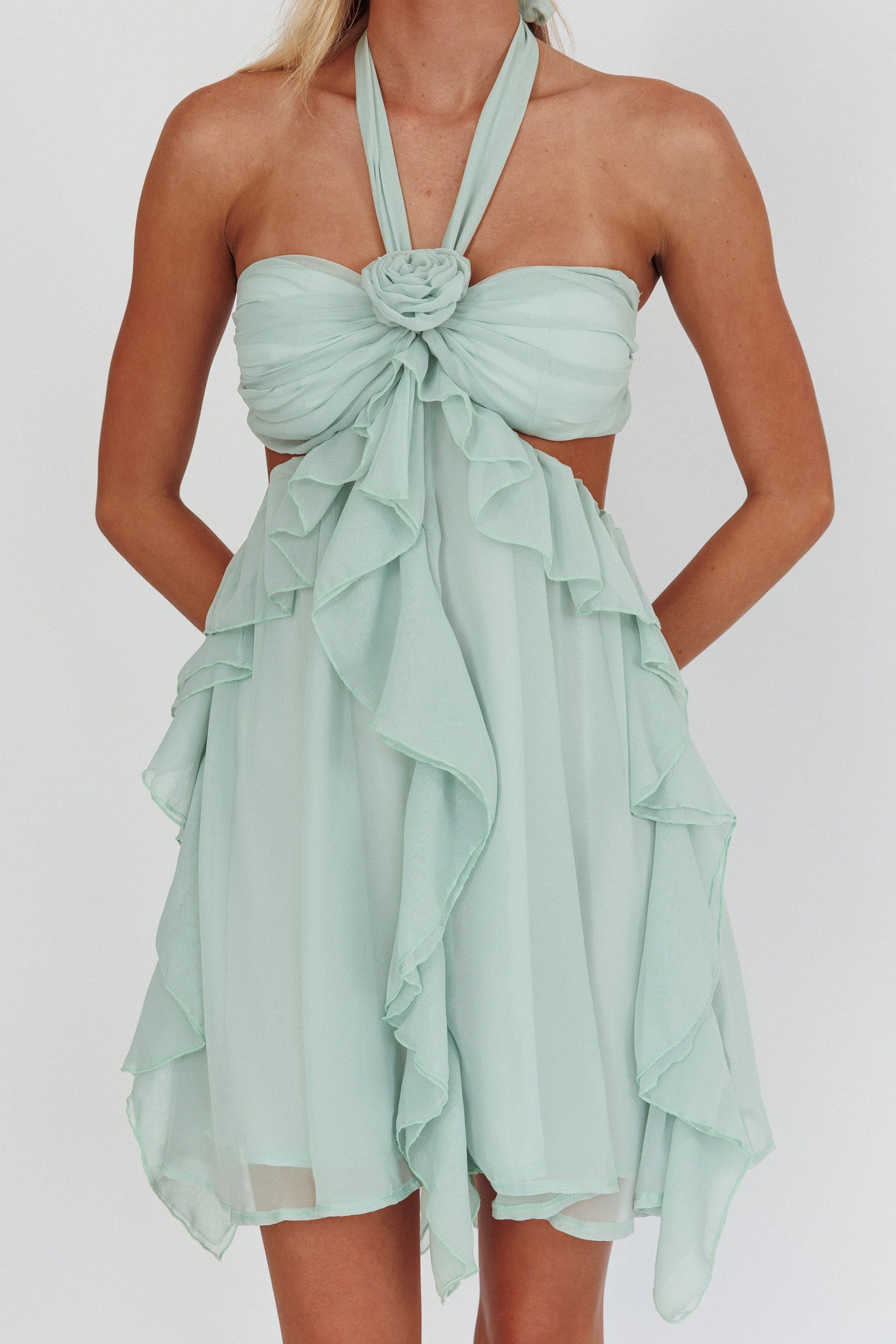 MINT GREEN HALTER RUFFLED COCKTAIL MINI DRESS