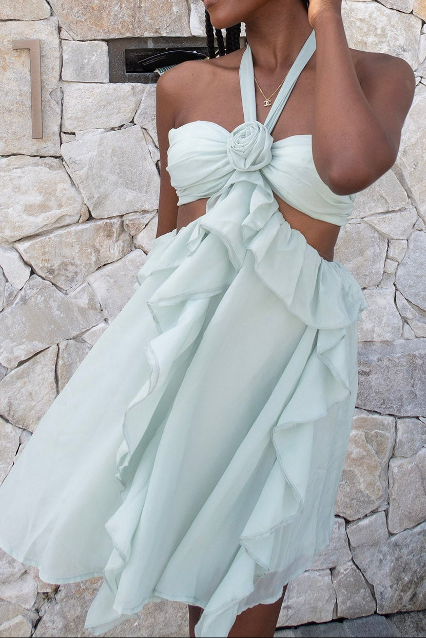 MINT GREEN HALTER RUFFLED COCKTAIL MINI DRESS