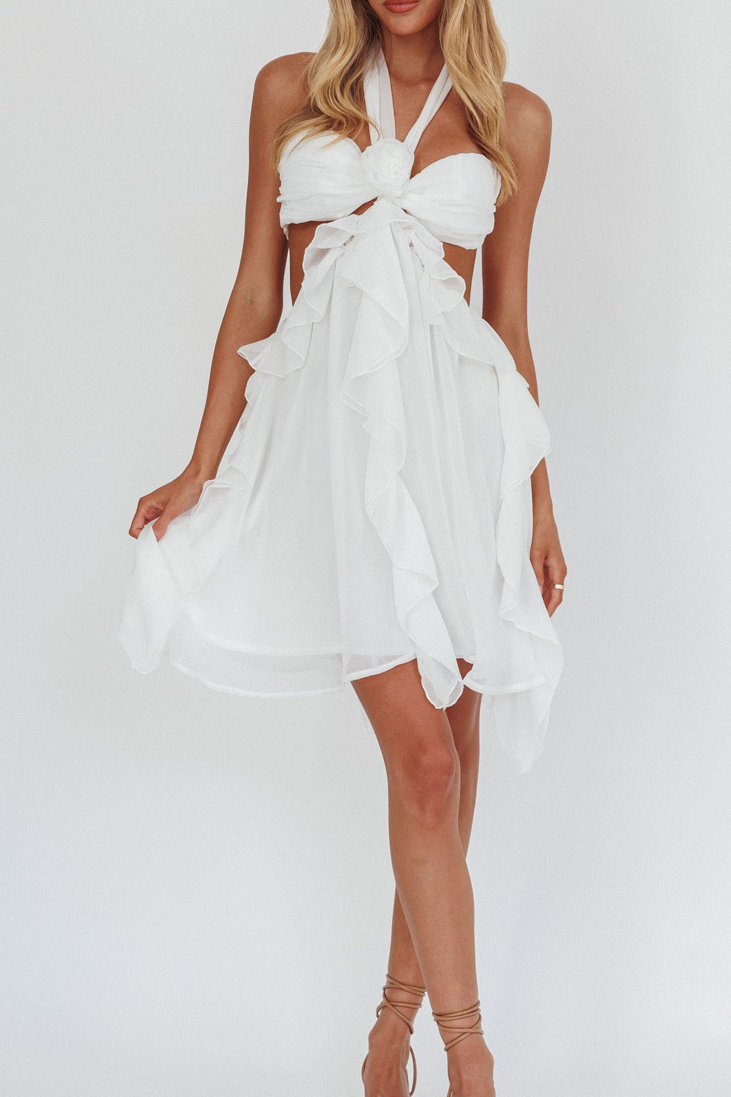SLLD9691B01WHITE-2 WHITE HALTER RUFFLED MINI DRESS FOR PARTY