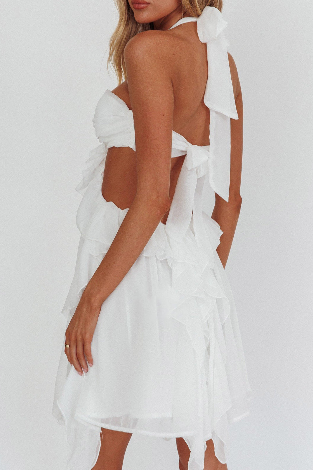 WHITE HALTER RUFFLED MINI DRESS FOR PARTY