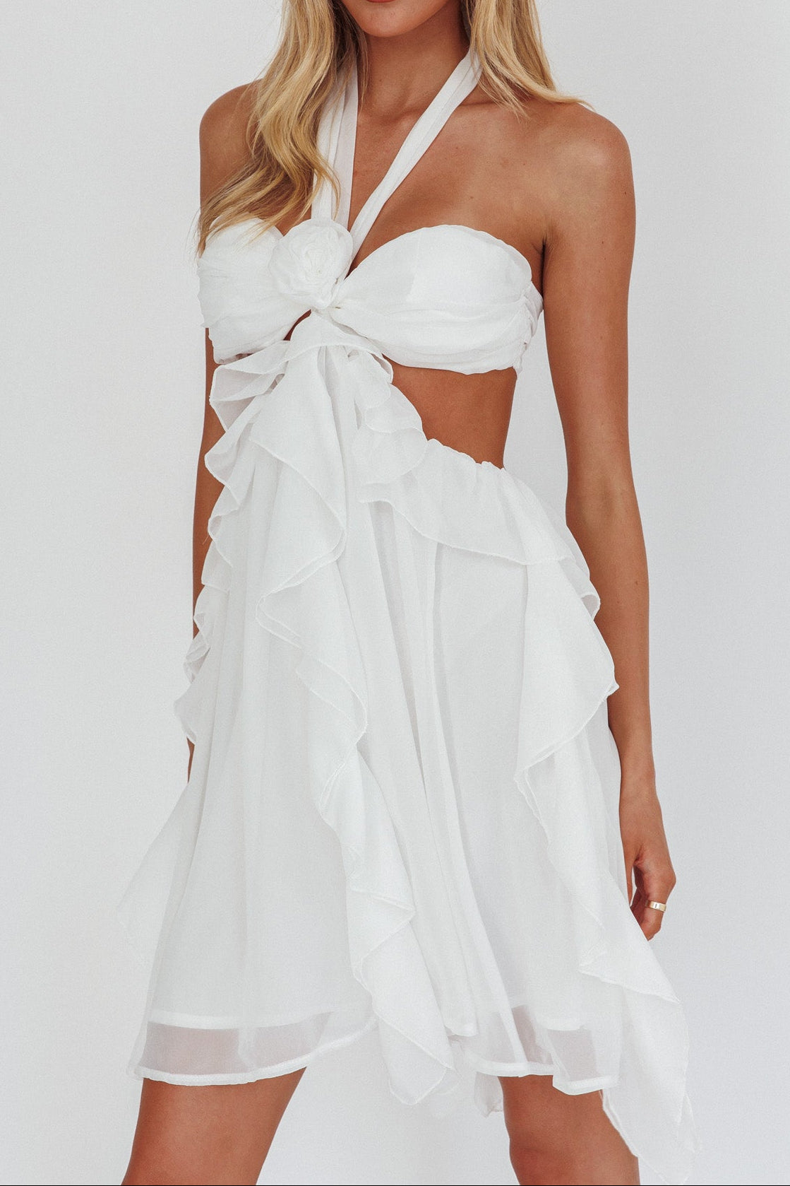 WHITE HALTER RUFFLED MINI DRESS FOR PARTY