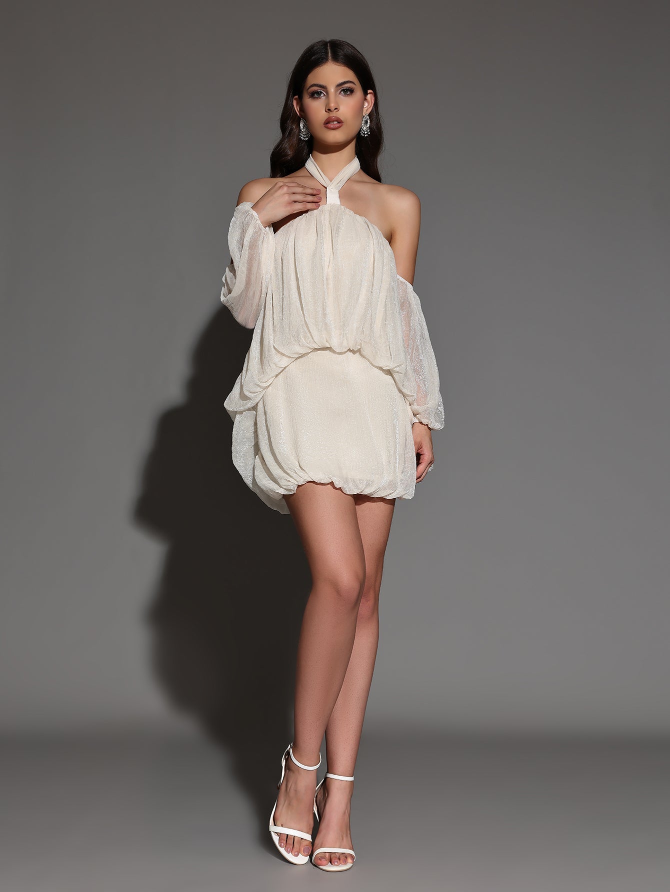 VIVIEN HALTER FLUFFY BACKLESS MINI DRESS APRICOT