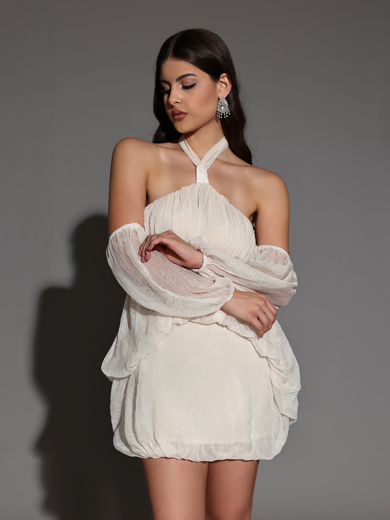 VIVIEN HALTER FLUFFY BACKLESS MINI DRESS APRICOT