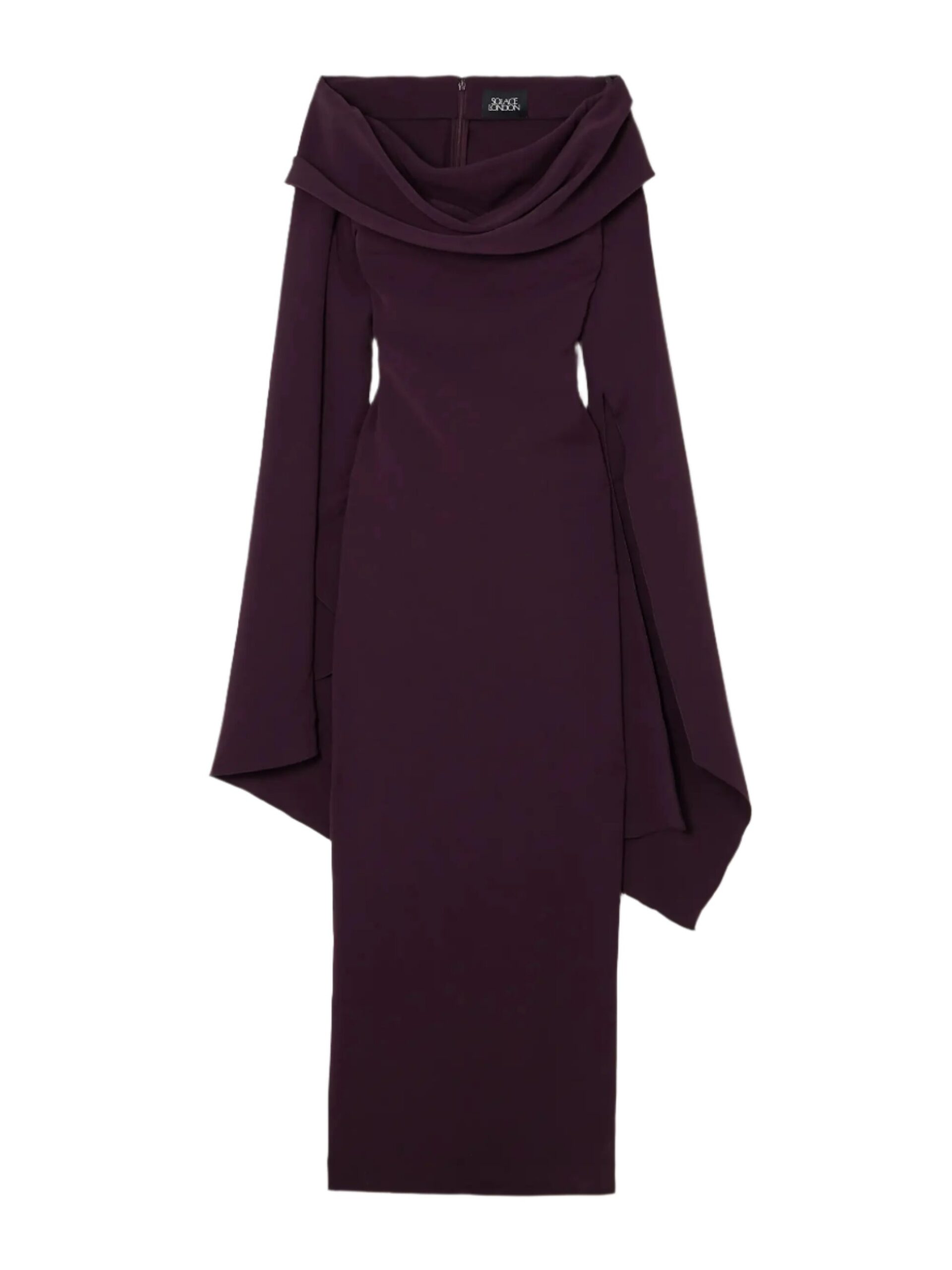 BURGUNDY DRAPED OFF-SHOULDER CREPE MAXI DRESS FOR EVENING