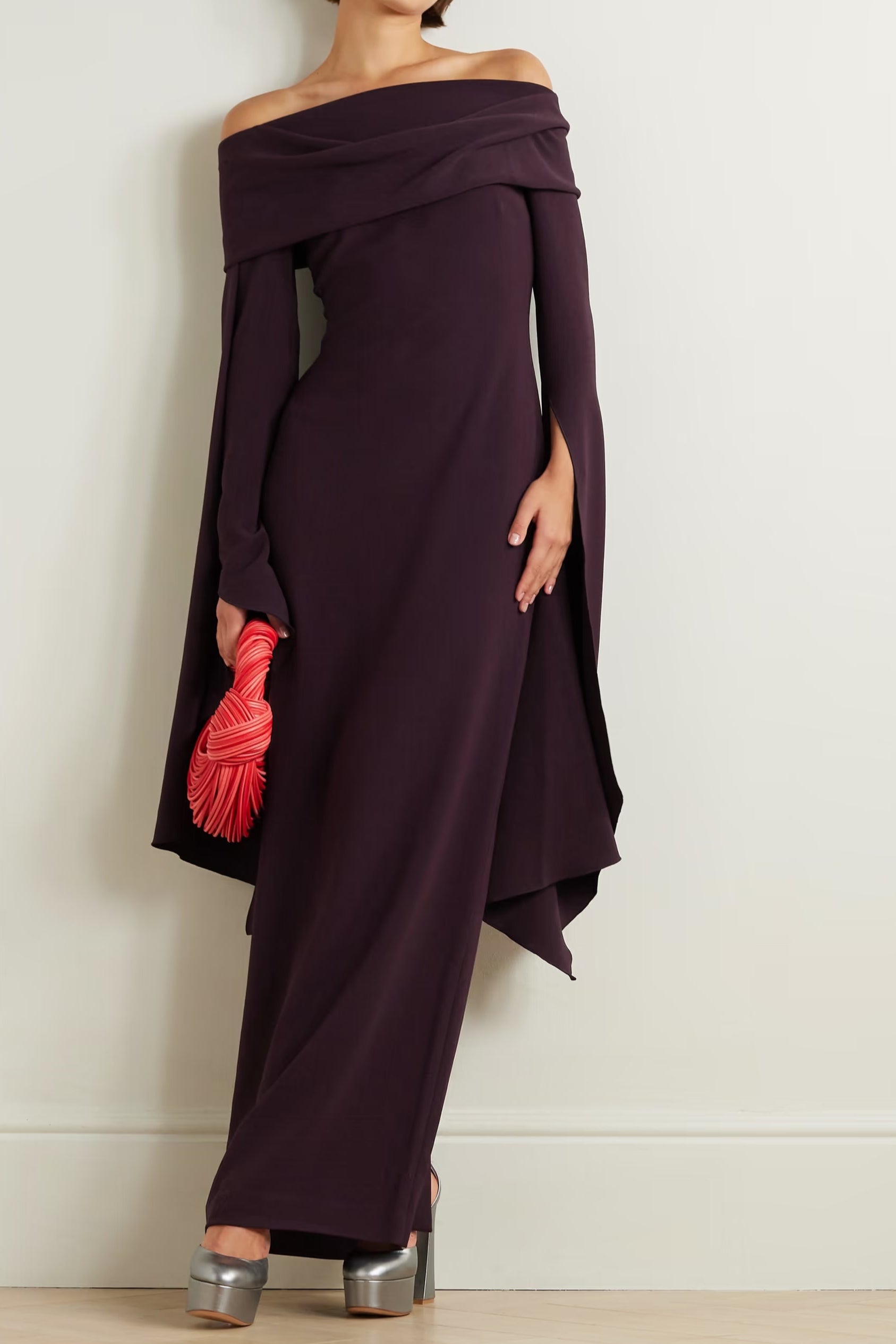 SOLACELONDONArdendrapedoff-the-shouldercrepemaxidress_1 BURGUNDY DRAPED OFF-SHOULDER CREPE MAXI DRESS FOR EVENING