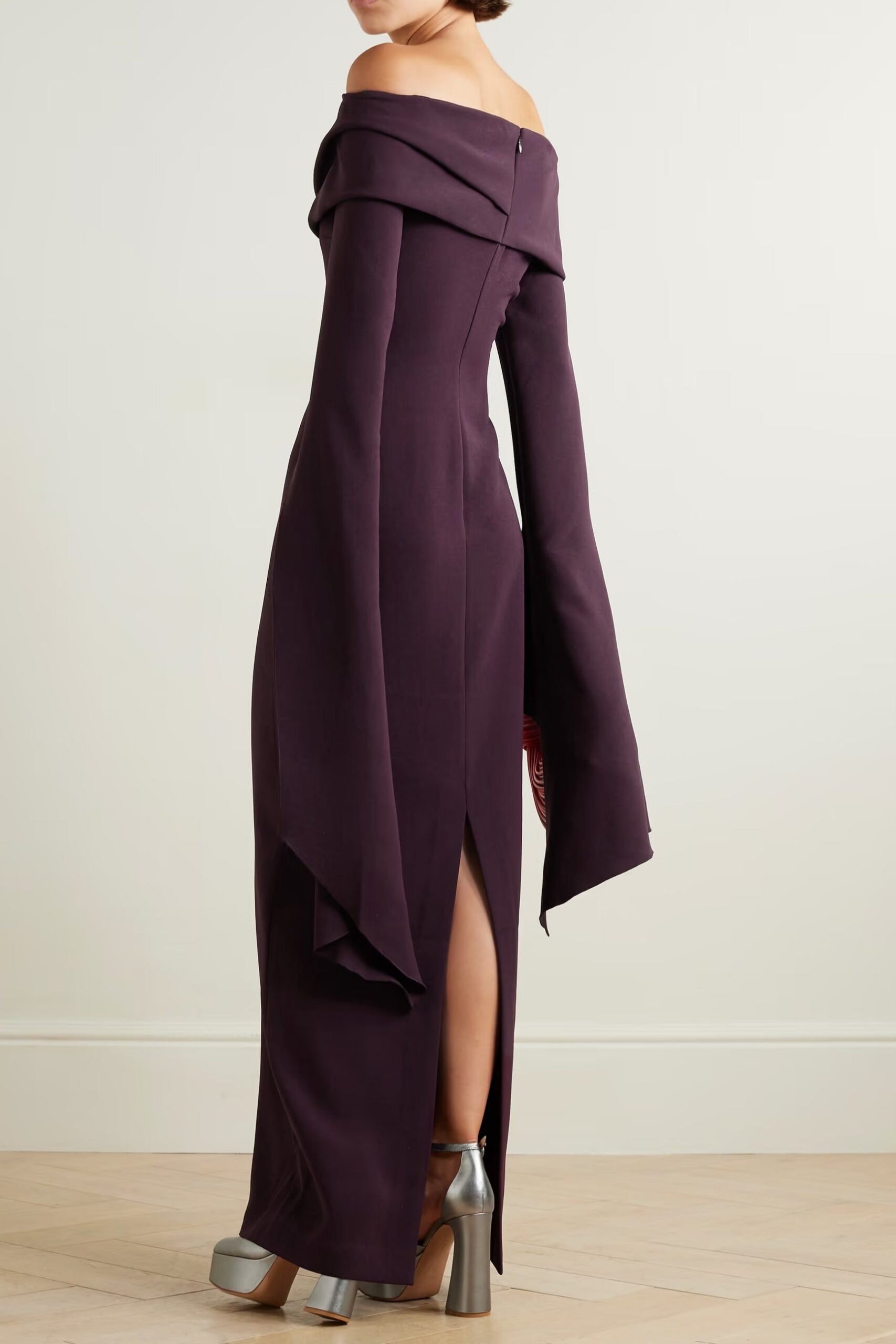 BURGUNDY DRAPED OFF-SHOULDER CREPE MAXI DRESS FOR EVENING