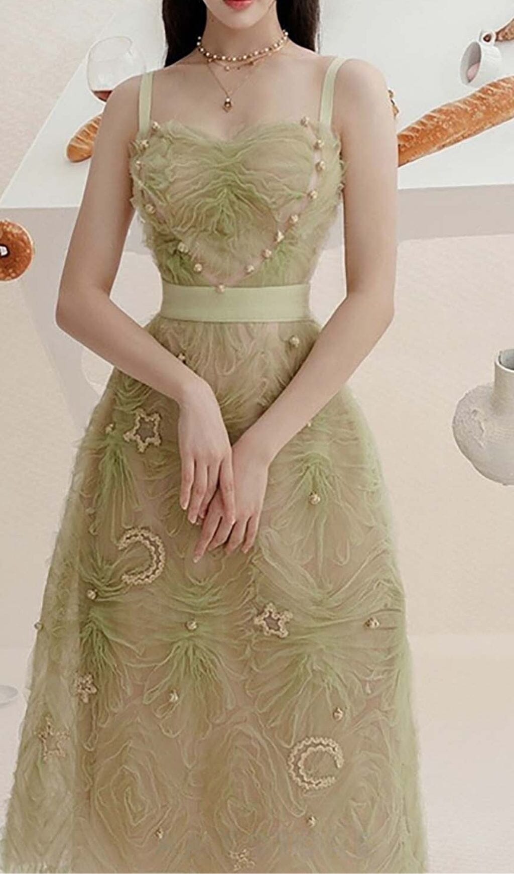 SPAGHETTI STRAP MESH MIDI DRESS FOR PARTY