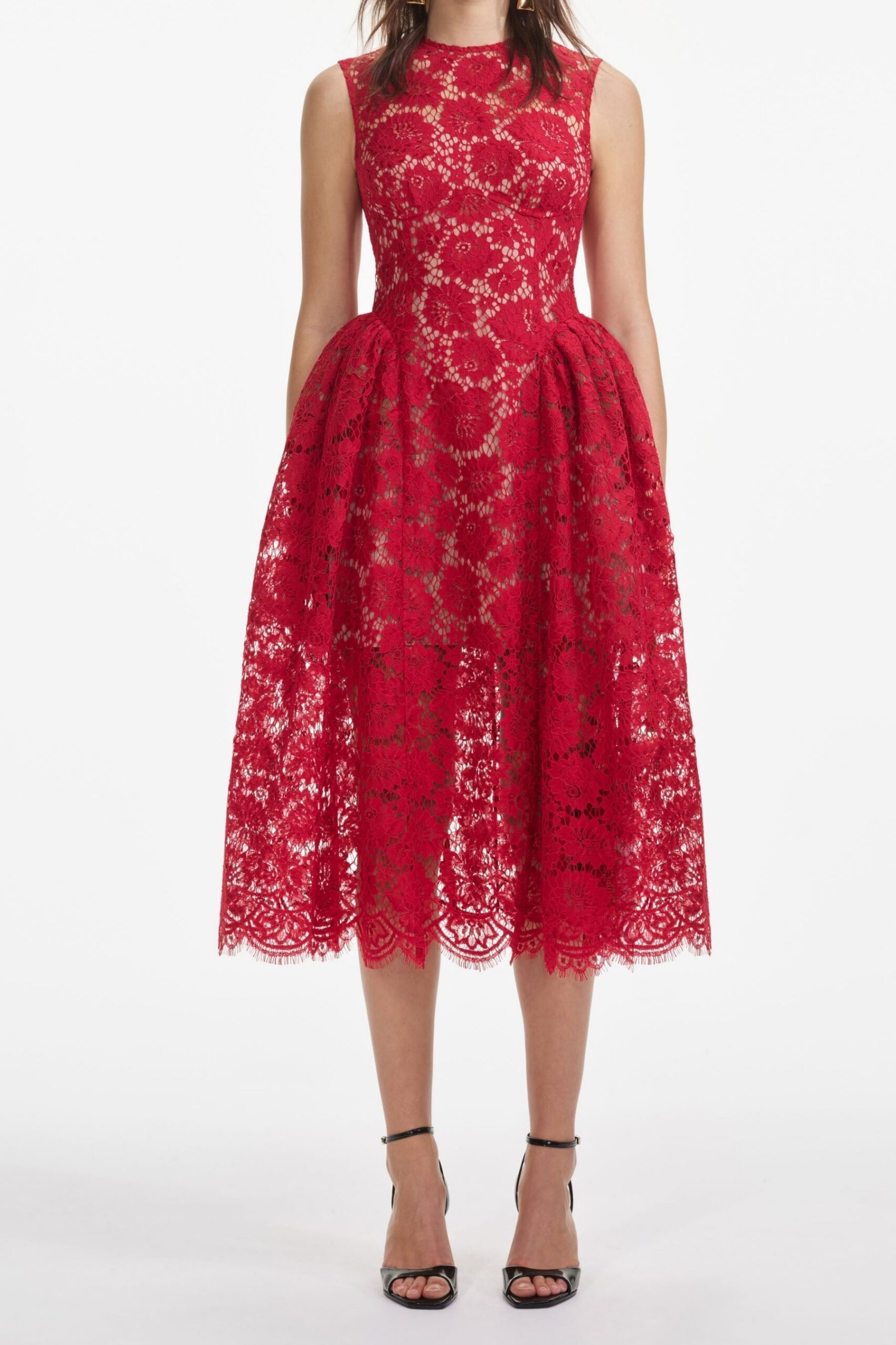 BRENDA LACE HOLLOW MIDI DRESS, RED