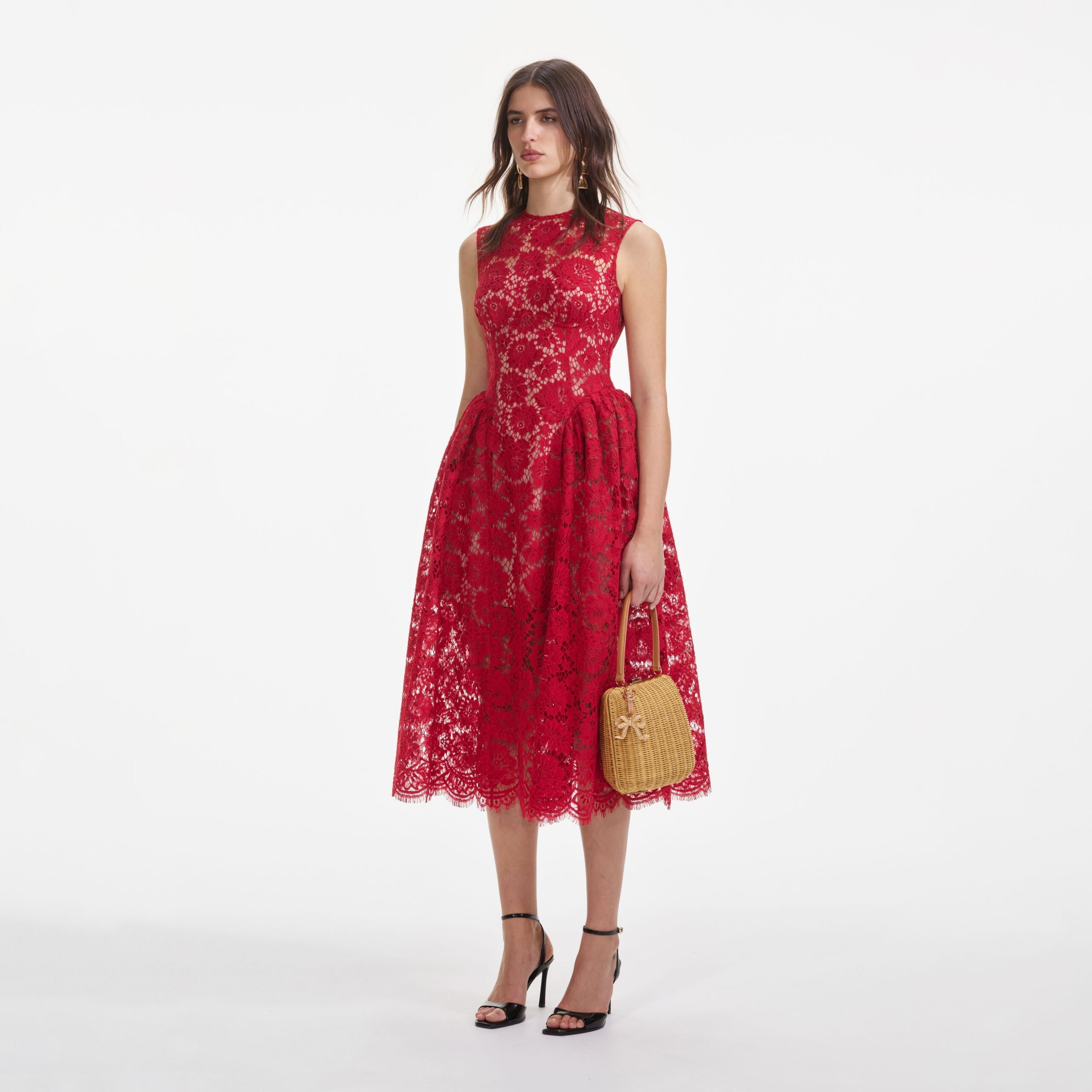 BRENDA LACE HOLLOW MIDI DRESS, RED