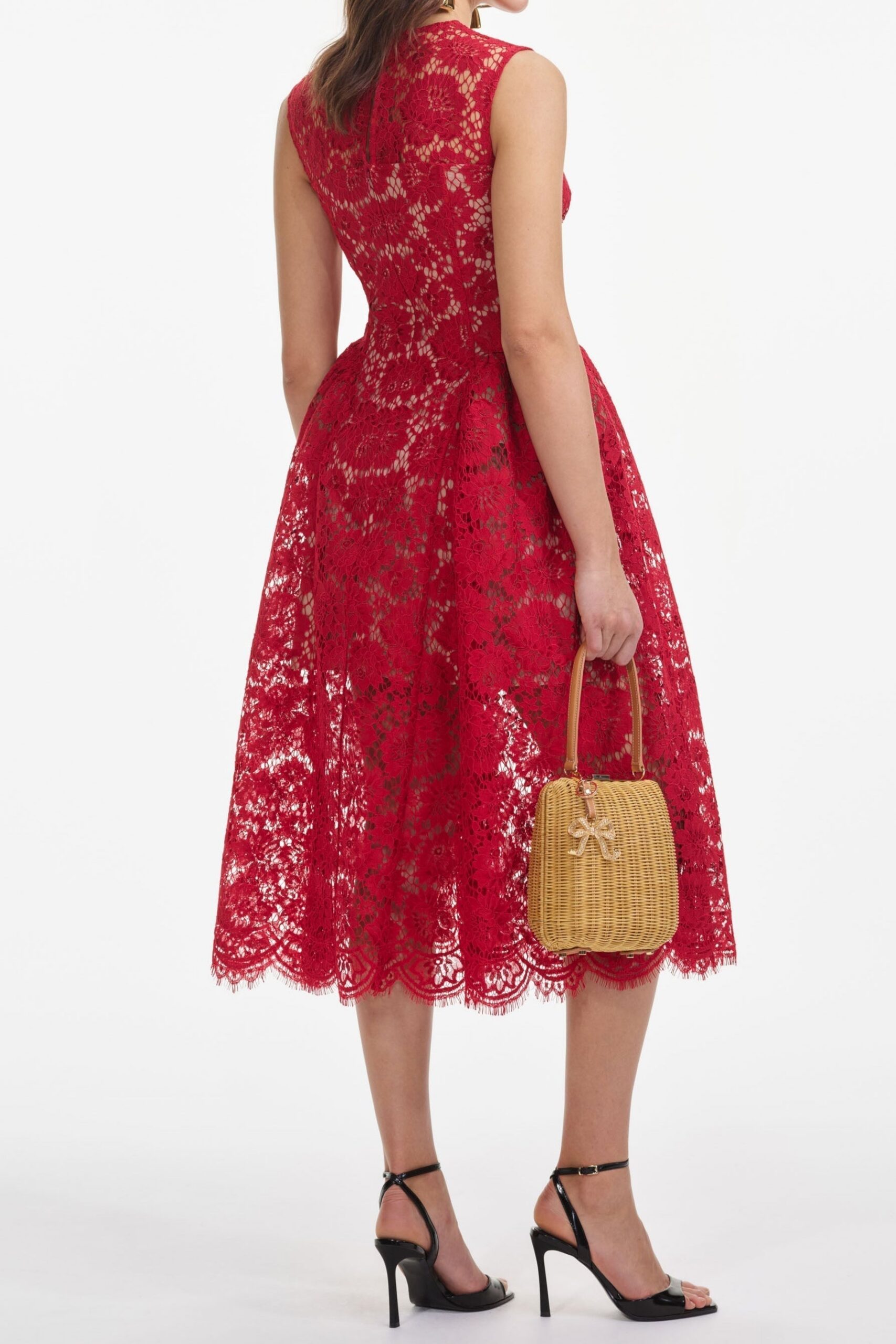 BRENDA LACE HOLLOW MIDI DRESS, RED