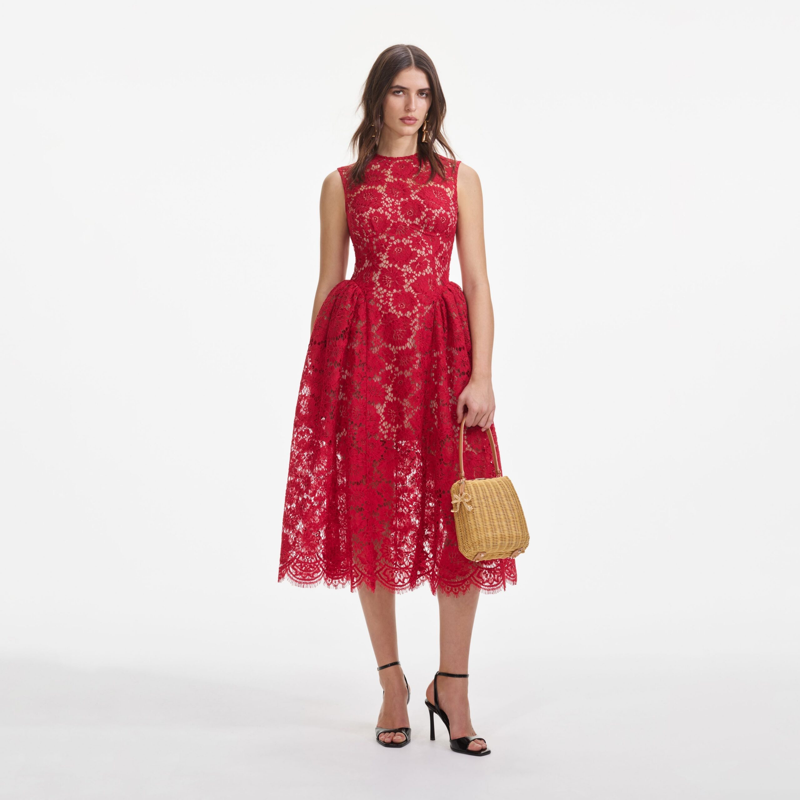 BRENDA LACE HOLLOW MIDI DRESS, RED