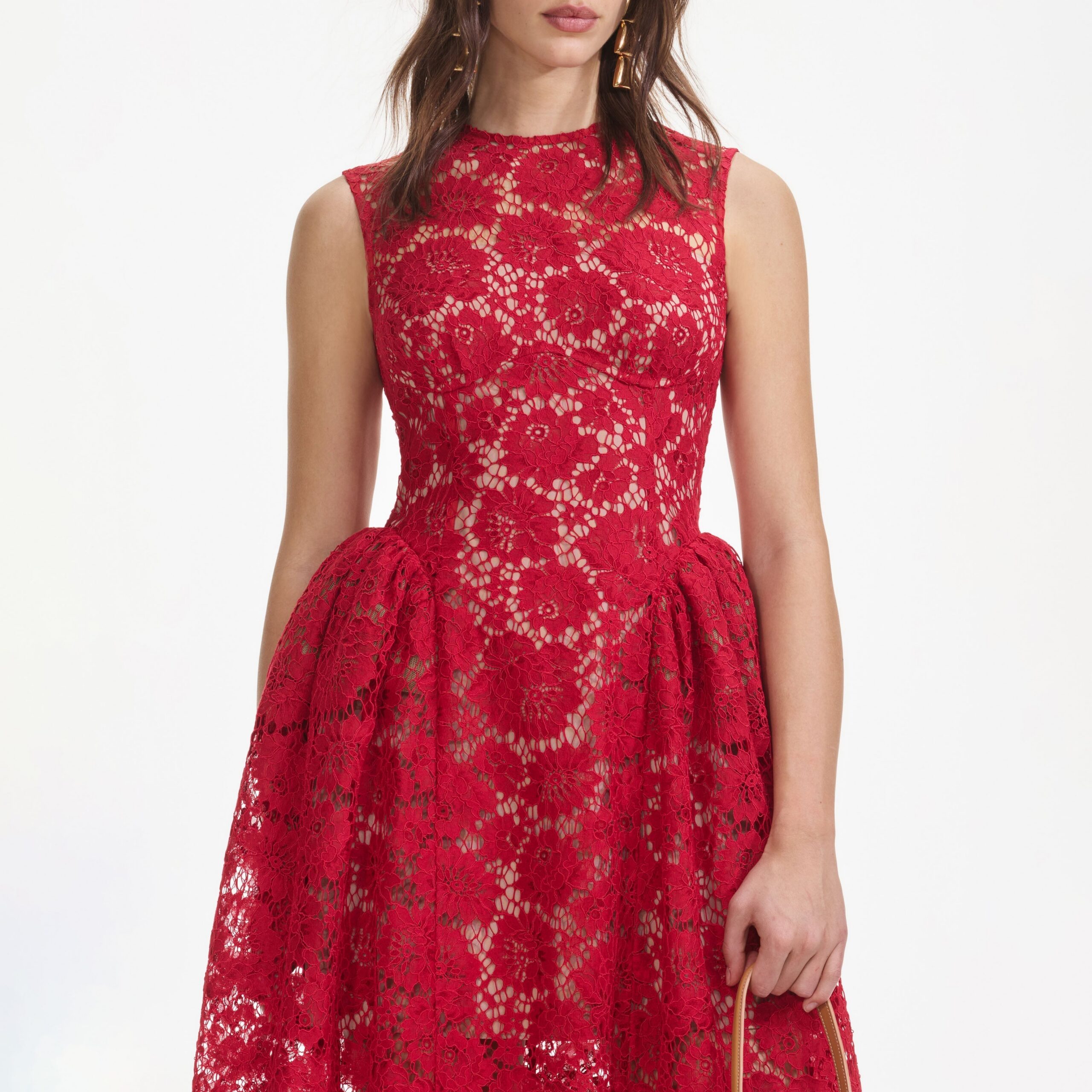 BRENDA LACE HOLLOW MIDI DRESS, RED