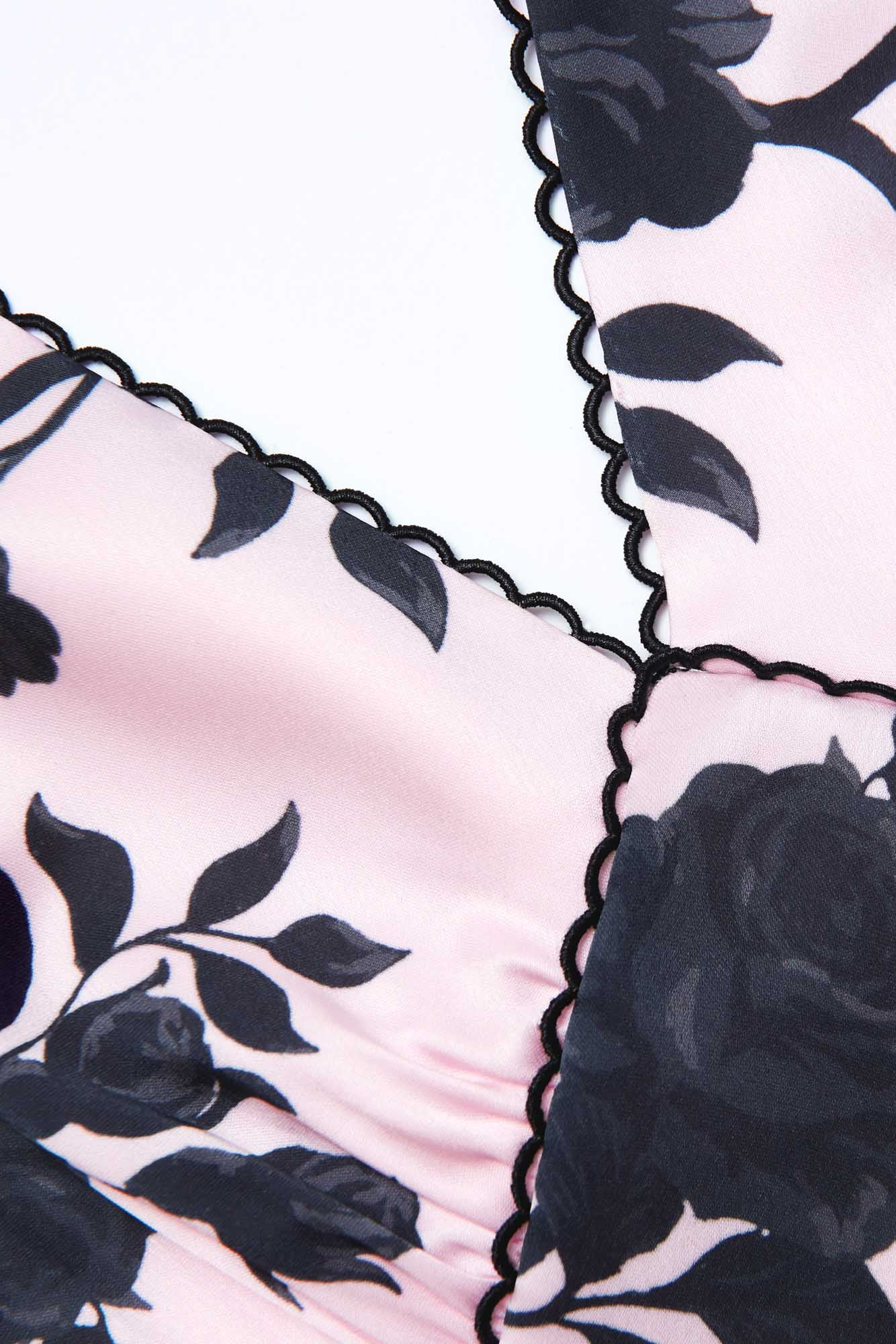 V-NECK SATIN FLORAL MIDI DRESS PINK