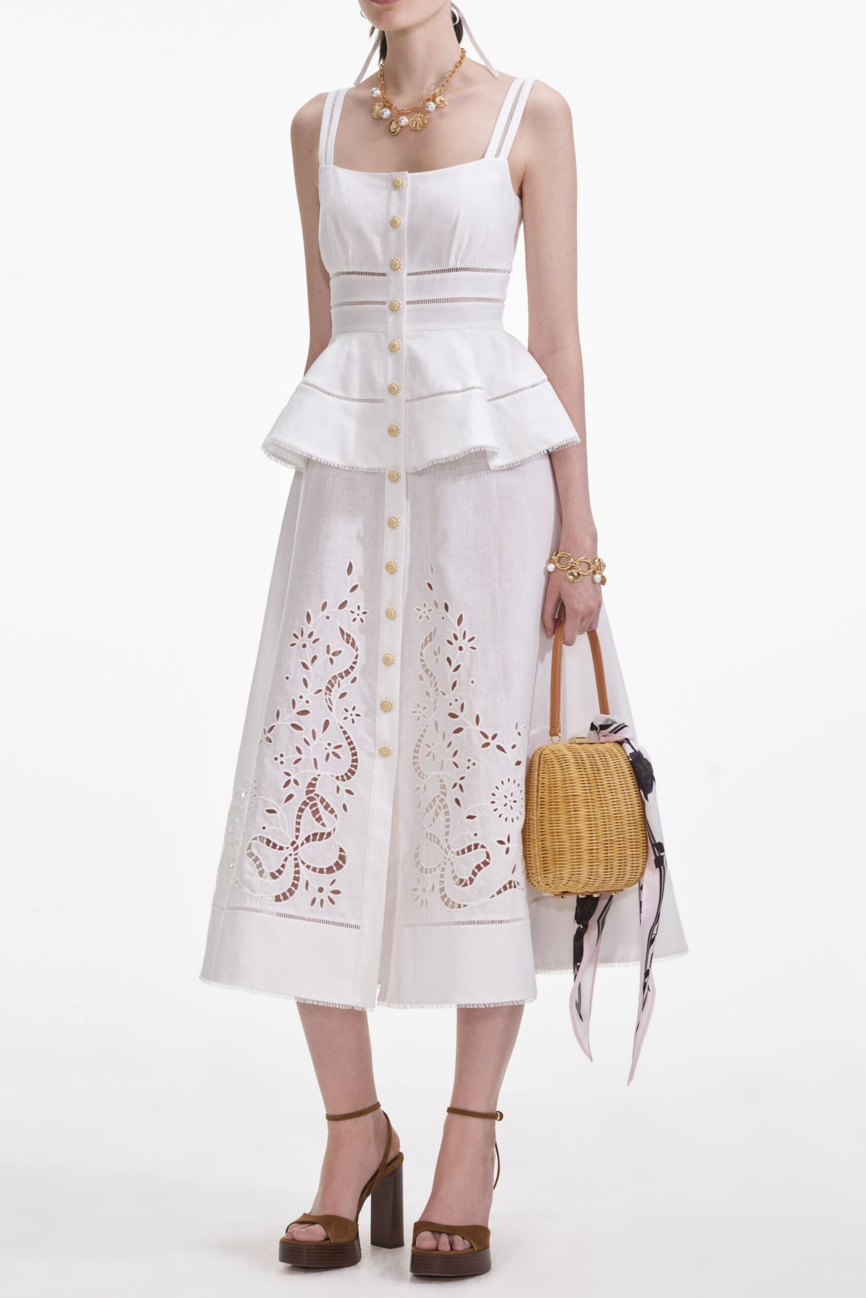 HELEN CREAM LINEN PEPLUM MIDI DRESS