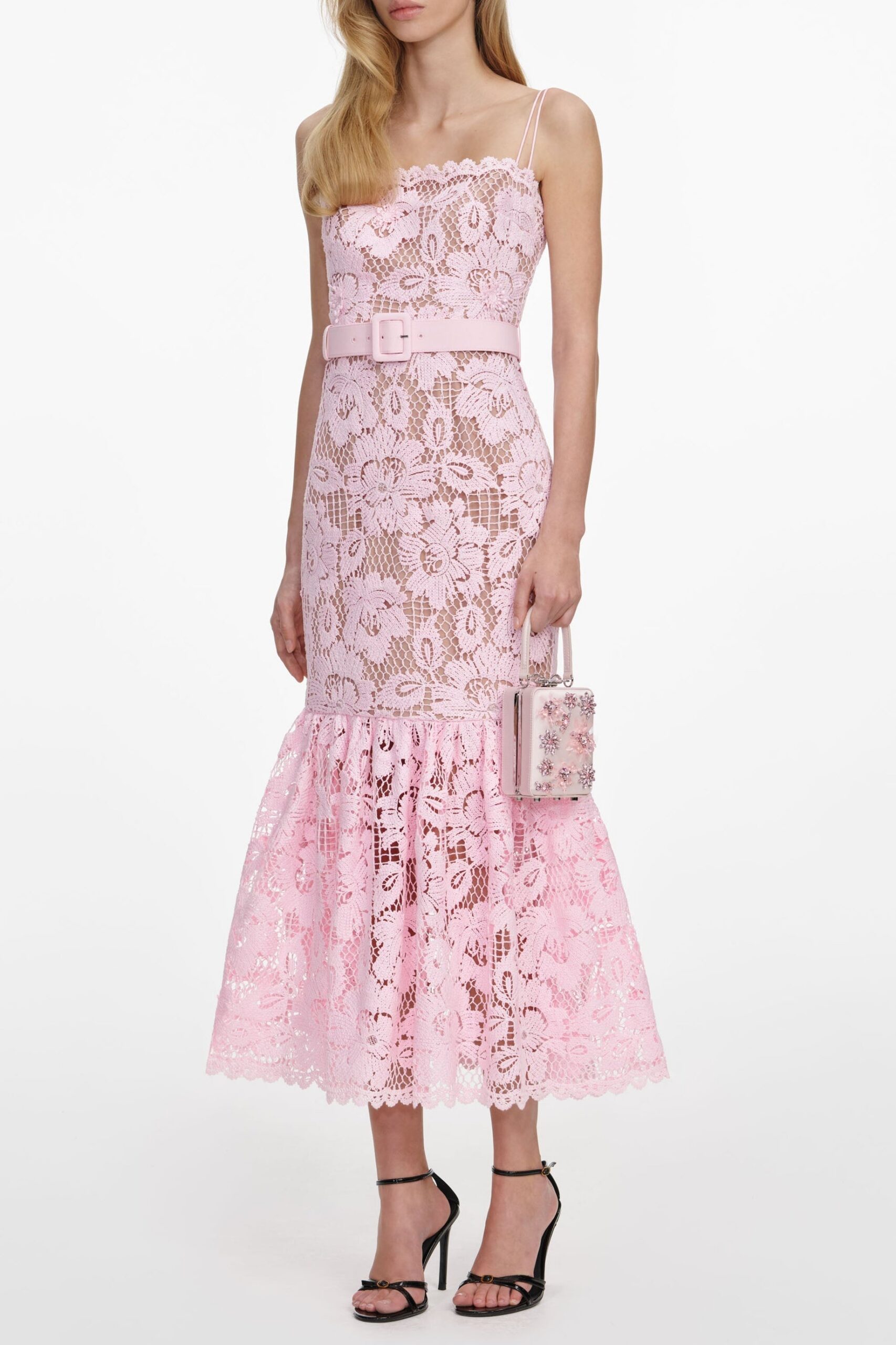 SIMONA PINK CROCHET LACE MIDI DRESS