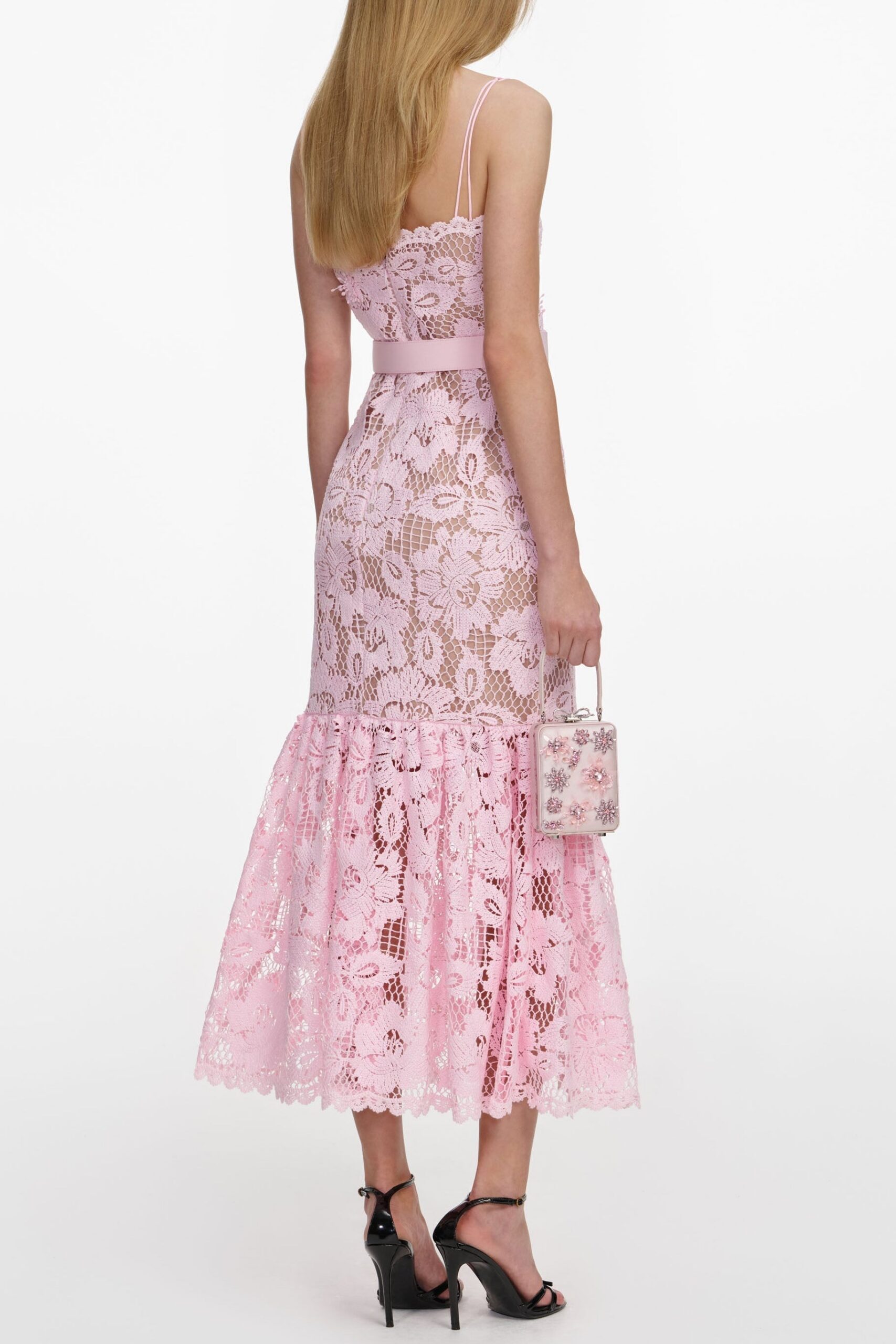 SIMONA PINK CROCHET LACE MIDI DRESS