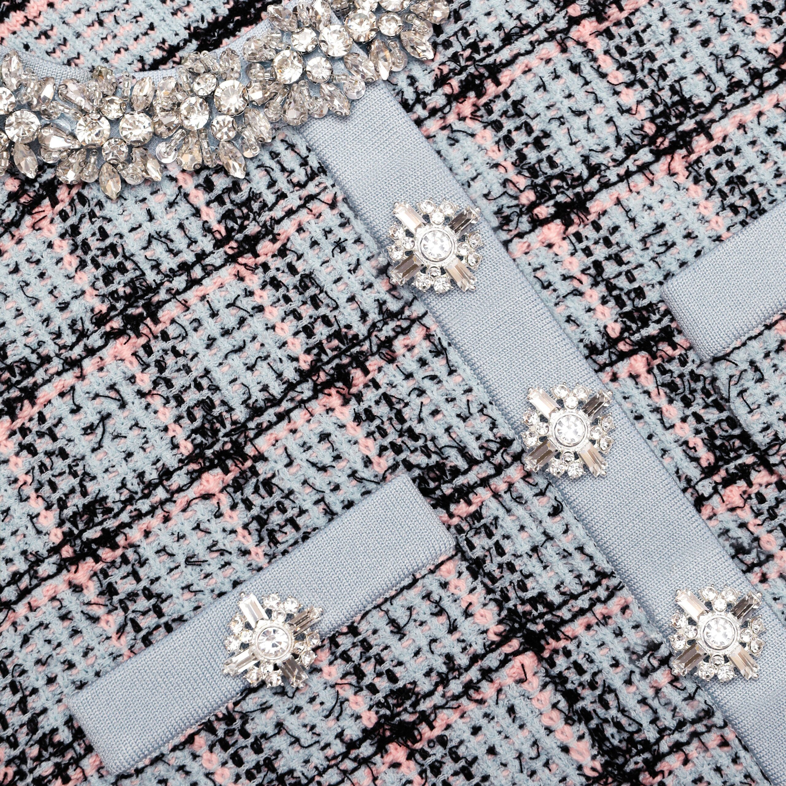 MARJORIE RHINESTONE CHECK KNIT CARDIGAN SKIRT SET - PALE BLUE
