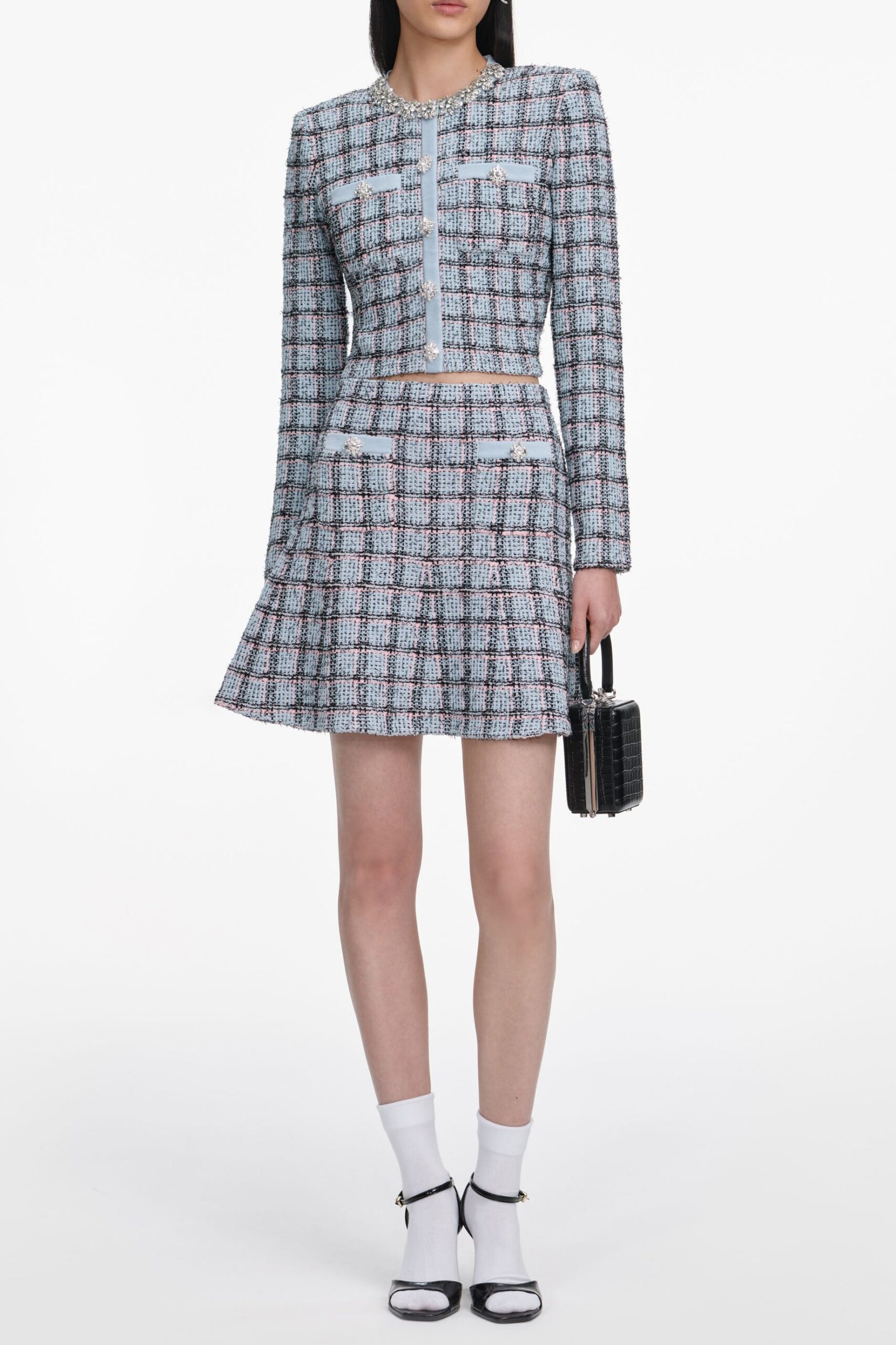 SS26-187C-BL_SS26-187SK-BL_1 MARJORIE RHINESTONE CHECK KNIT CARDIGAN SKIRT SET - PALE BLUE