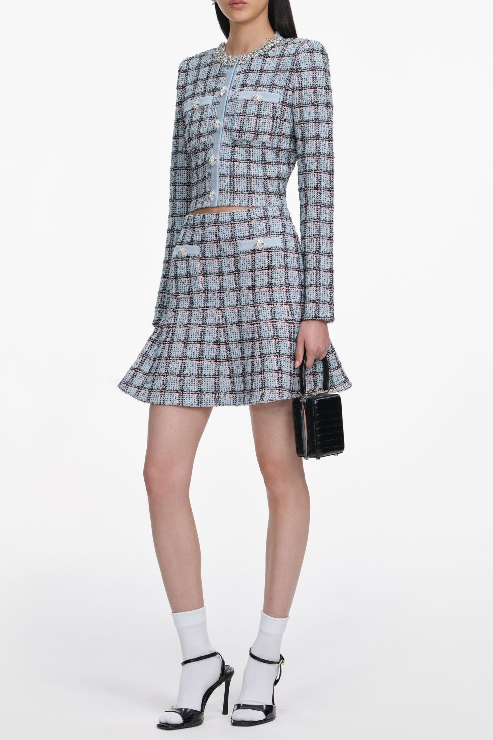 MARJORIE RHINESTONE CHECK KNIT CARDIGAN SKIRT SET - PALE BLUE