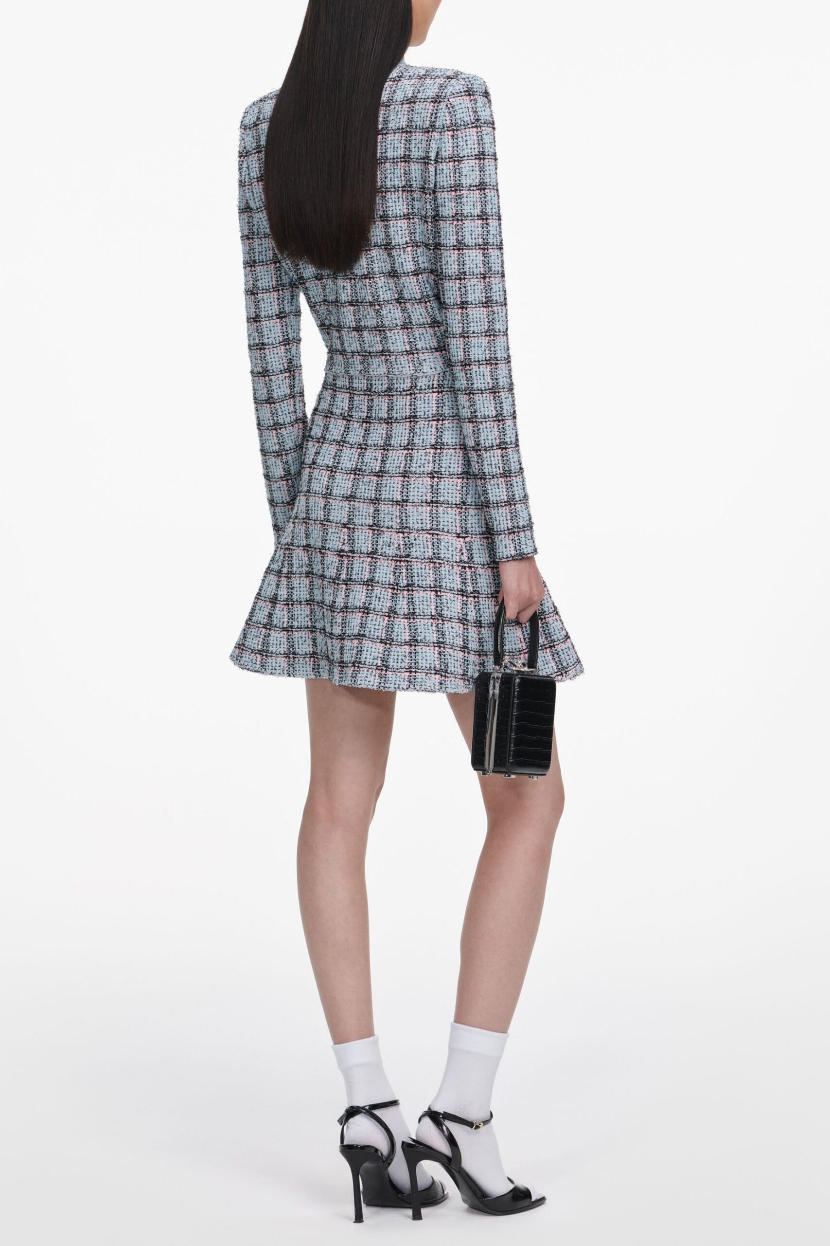 MARJORIE RHINESTONE CHECK KNIT CARDIGAN SKIRT SET - PALE BLUE