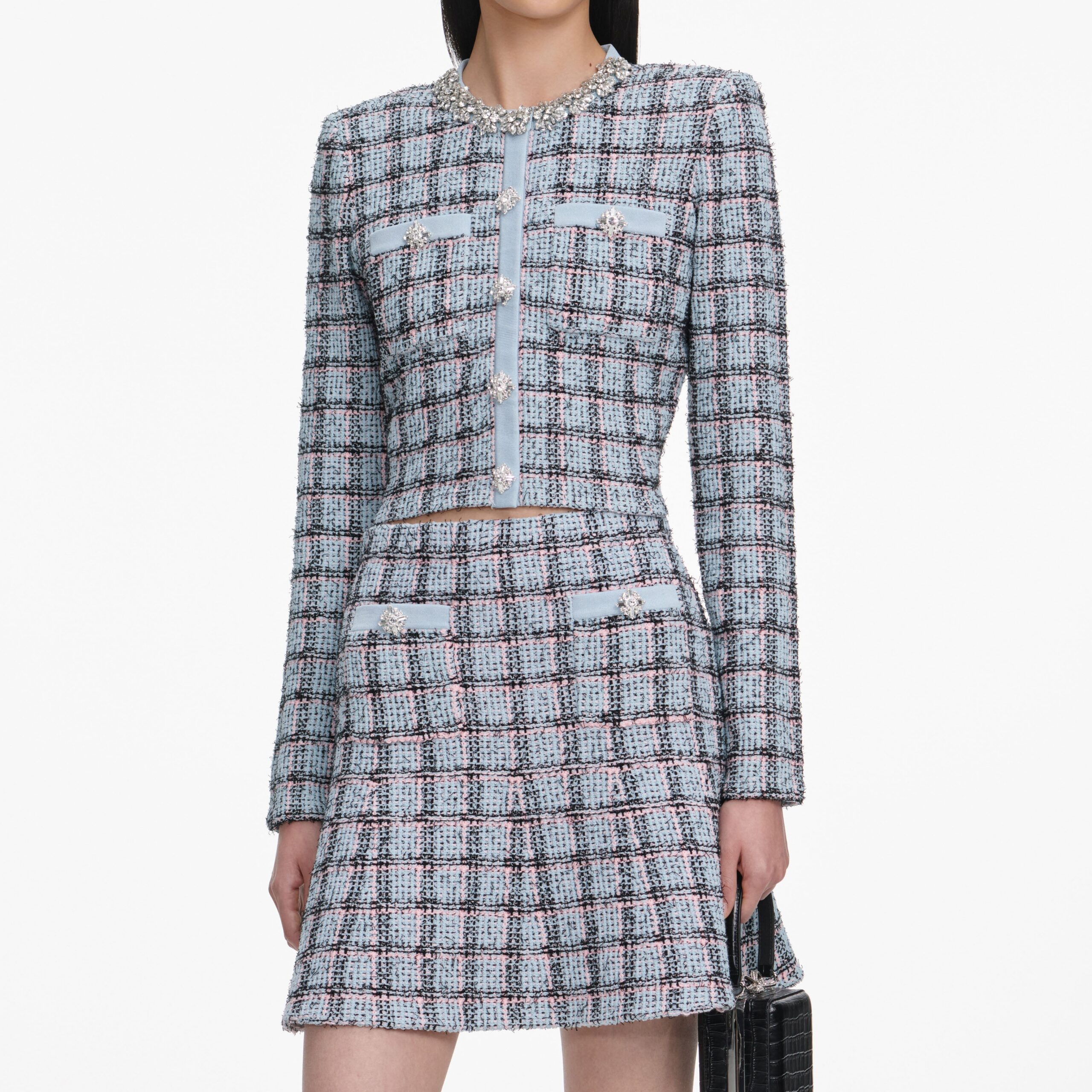 MARJORIE RHINESTONE CHECK KNIT CARDIGAN SKIRT SET - PALE BLUE
