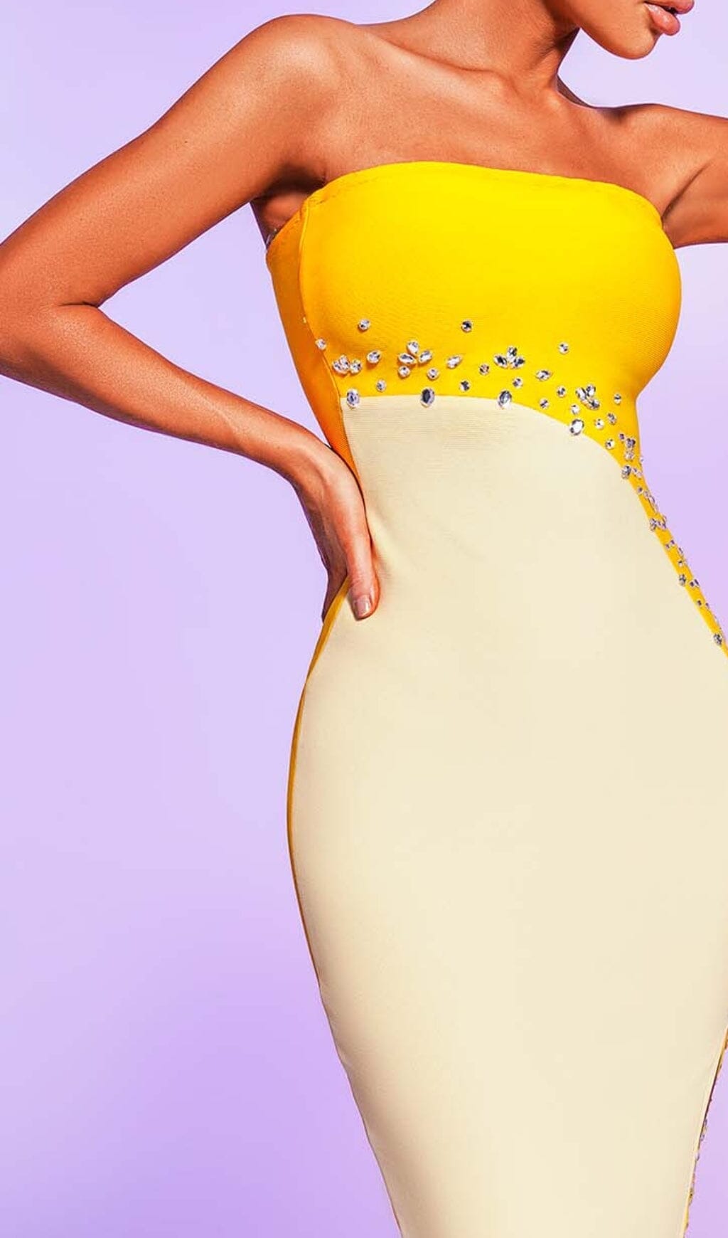 STRAPLESS BANDAGE YELLOW MIDI DRESS FOR PARTY