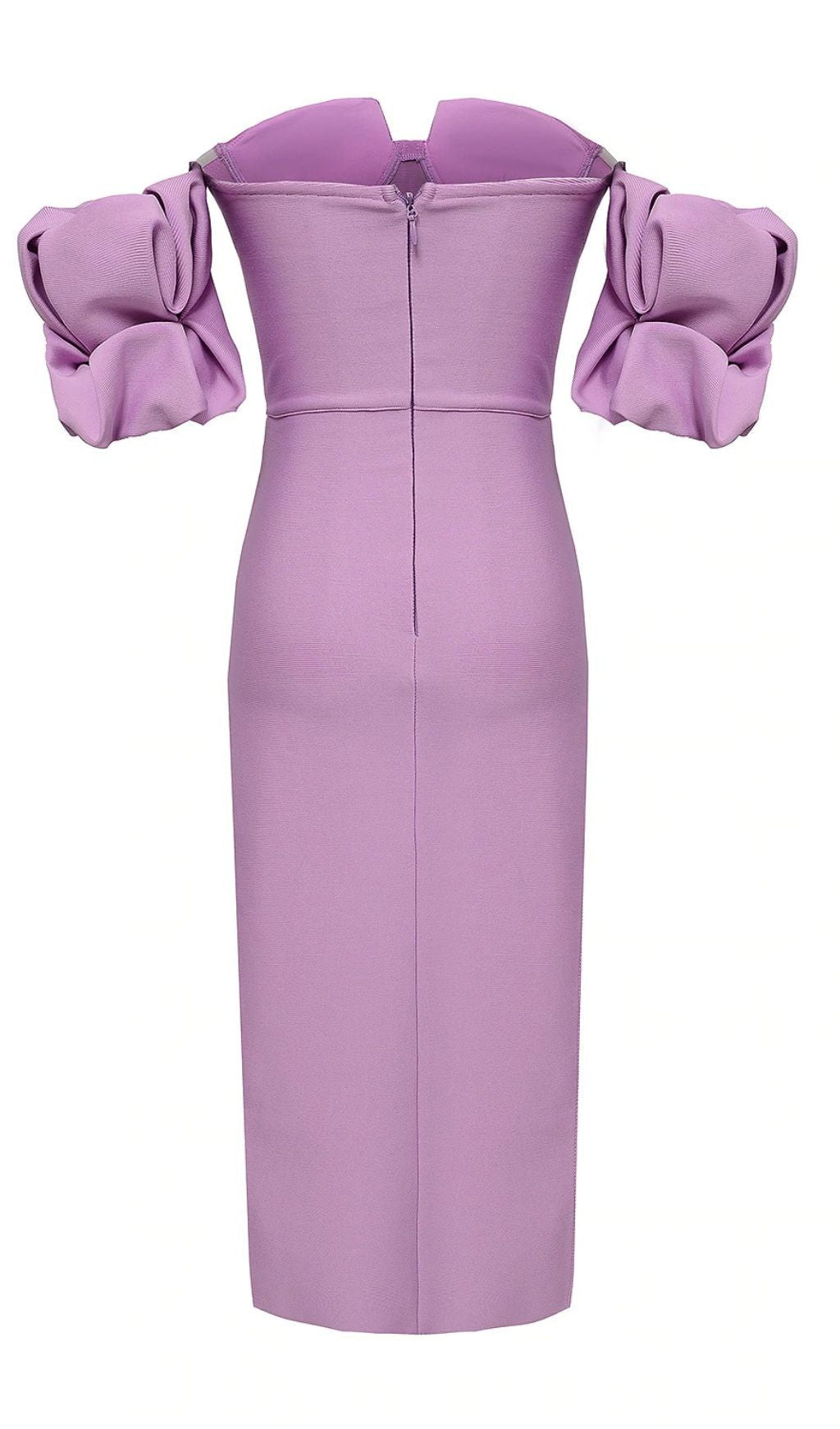 STRAPLESS BANDAGE DRESS WITH DRAPED SLEEVE SLITS