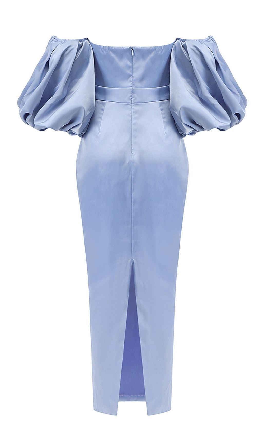 STRAPLESS SATIN PUFF MIDI DRESS, BLUE WEDDING GUEST