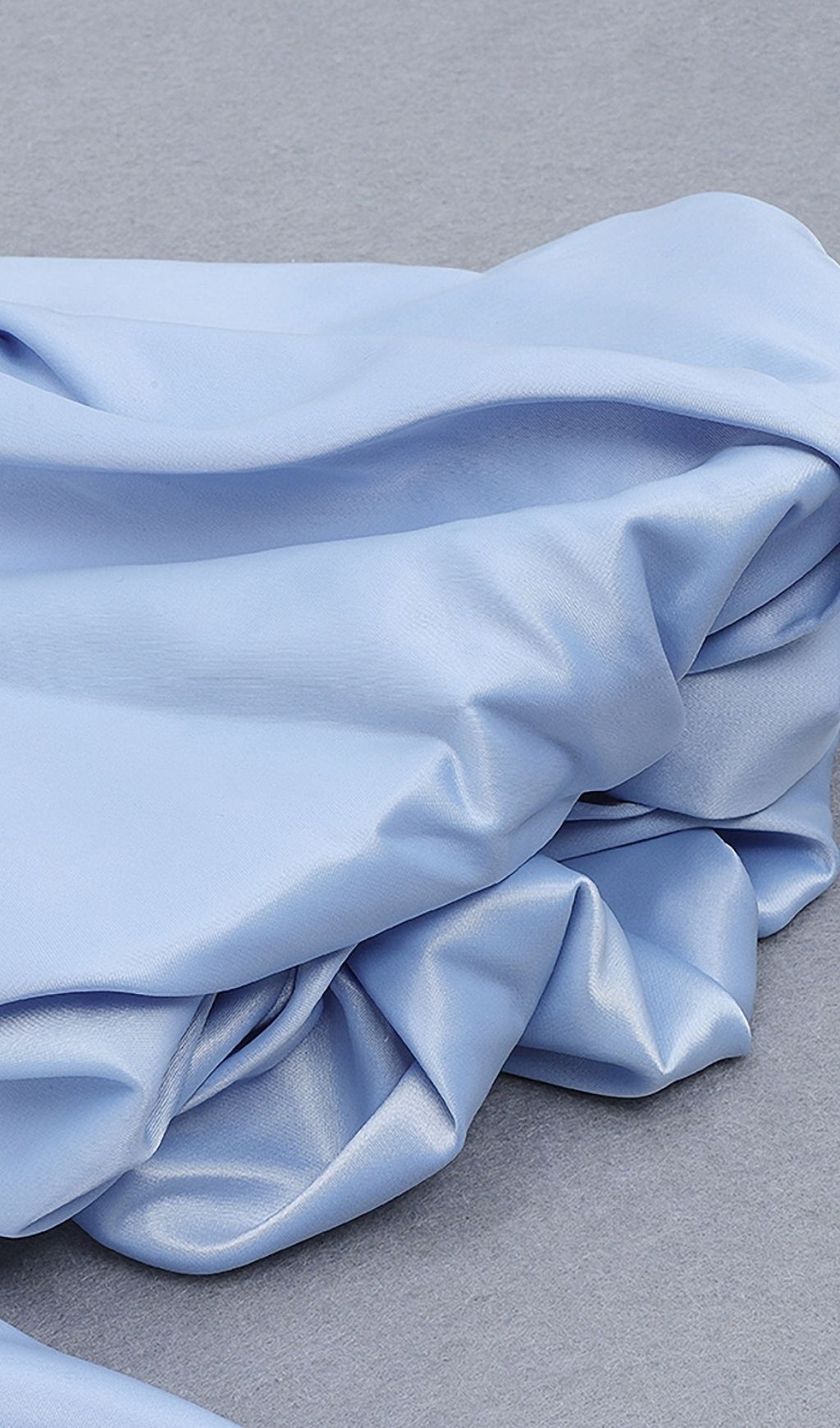 STRAPLESS SATIN PUFF MIDI DRESS, BLUE WEDDING GUEST
