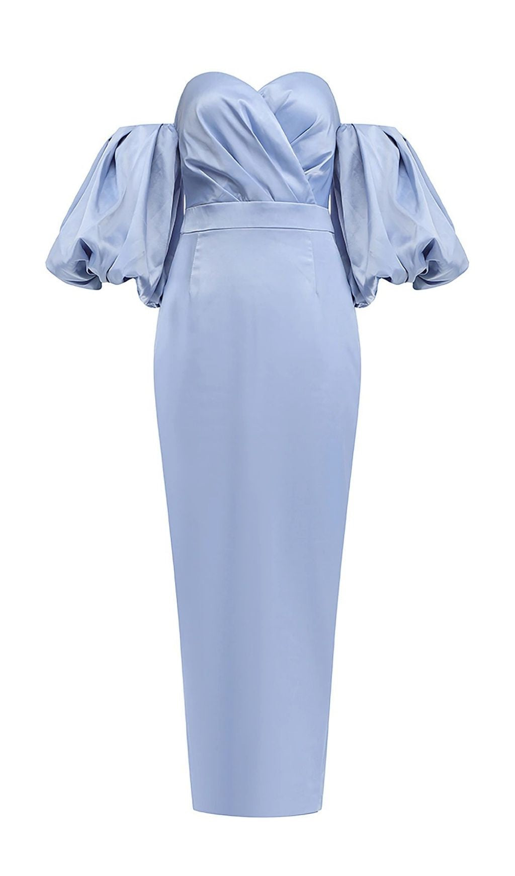 STRAPLESS SATIN PUFF MIDI DRESS, BLUE WEDDING GUEST