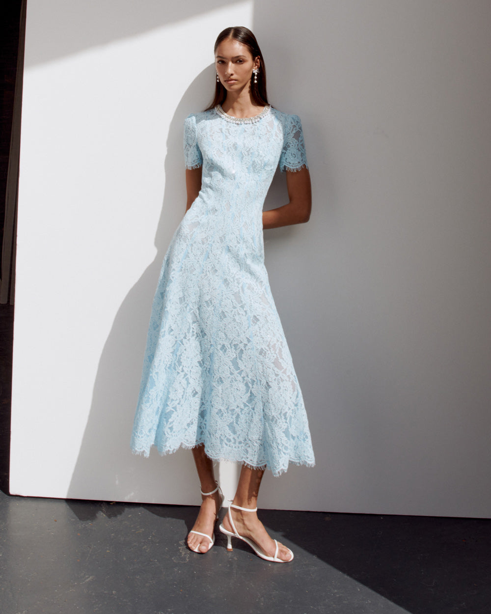 VALERIE BLUE LACE MIDI DRESS, EMBELLISHED PARTY