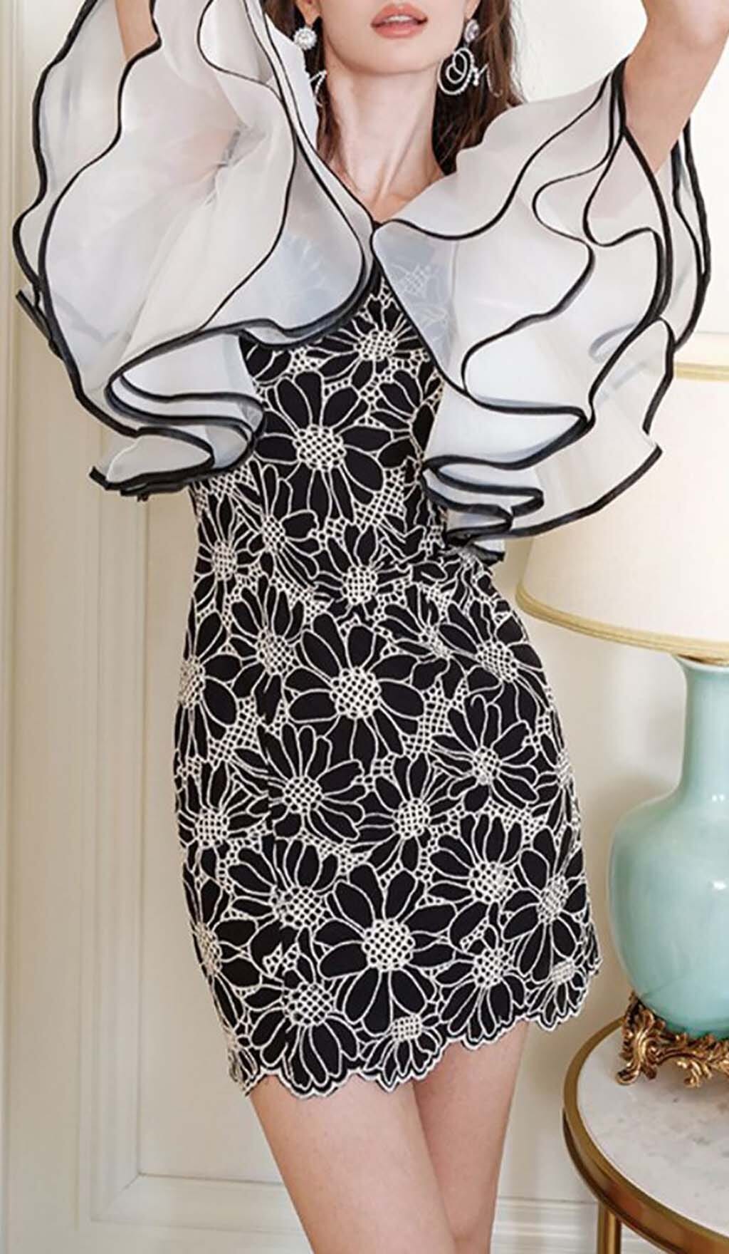 SUNFLOWER ORGANZA PUFF SLEEVE MINI DRESS BLACK