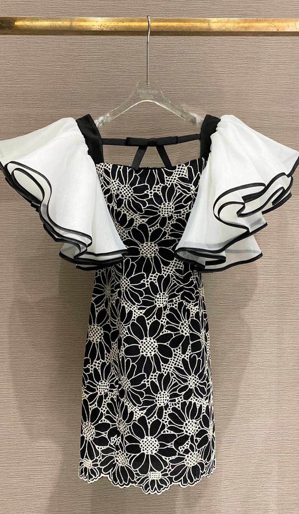 SUNFLOWER ORGANZA PUFF SLEEVE MINI DRESS BLACK