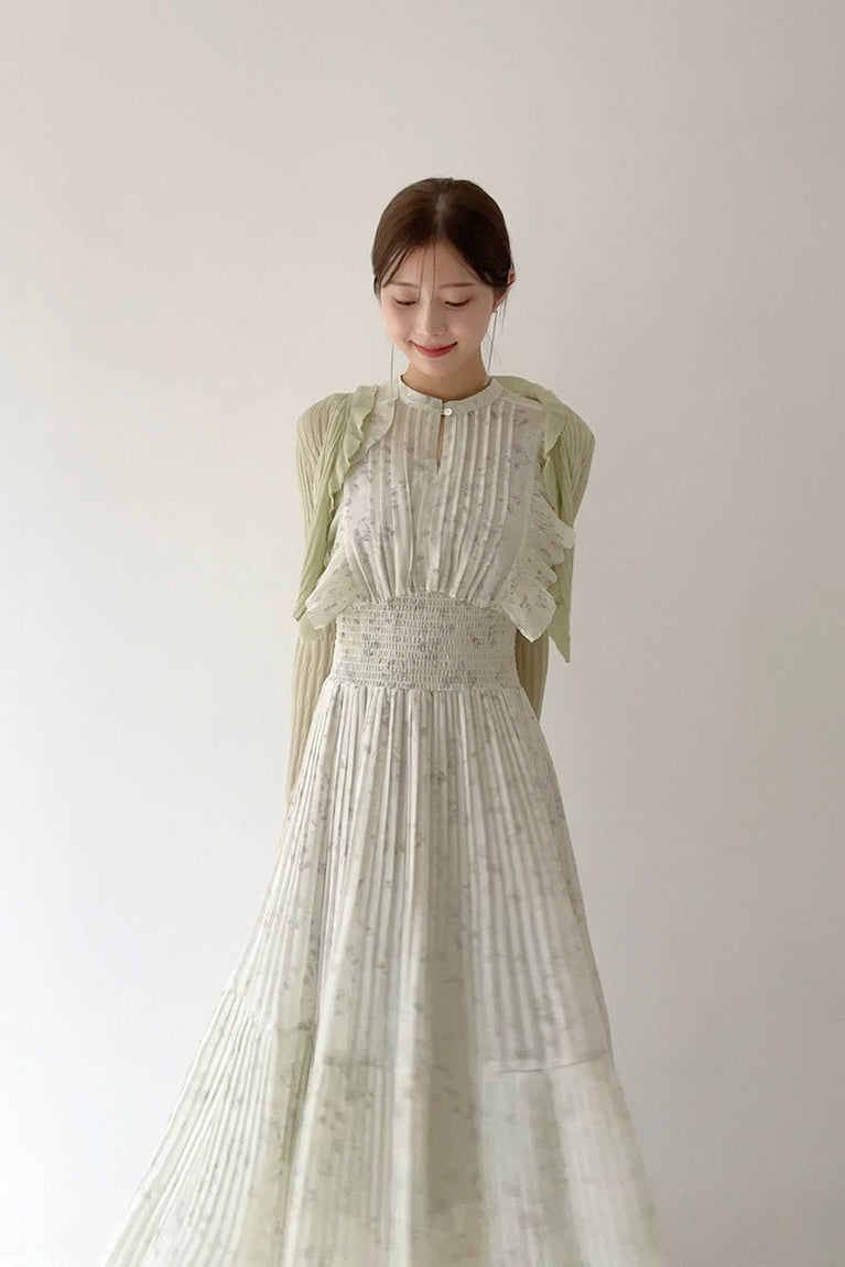 AUDREY SLEEVELESS PLEATED FLORAL MIDI DRESS, MINT GREEN