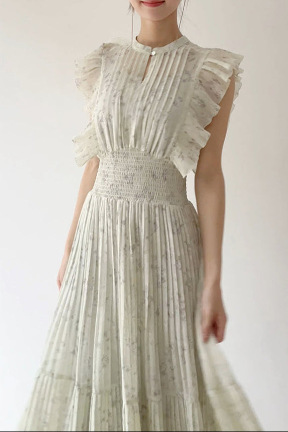 AUDREY SLEEVELESS PLEATED FLORAL MIDI DRESS, MINT GREEN